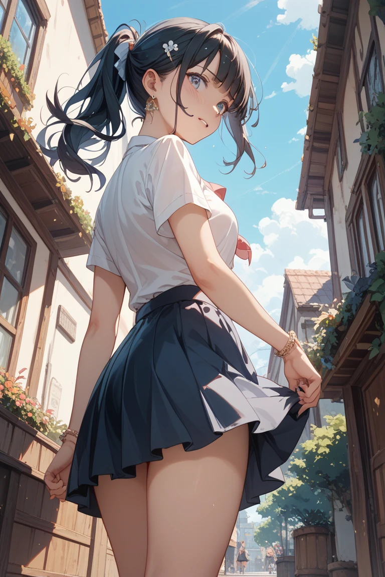 Low - Angle、Long skirt、強WindでHolding the flipping skirt with your hand、強WindでWhite cotton pantiesが見えている、:((Holding the flipping skirt with your hand))Low - Angle8Kで、highest quality、masterpiece、Ultra-detailed、Ultra-high resolution、Anime Style、1. High school girl、強Wind、((Holding the flipping skirt with your hand))、(impatient)White cotton panties:1.5), (Wind:1.25), (highest quality:1.0), (masterpiece:1.0), (Ultra-fine illustrations:1.0), ネイビーブルーのLong skirt、
、Lined、