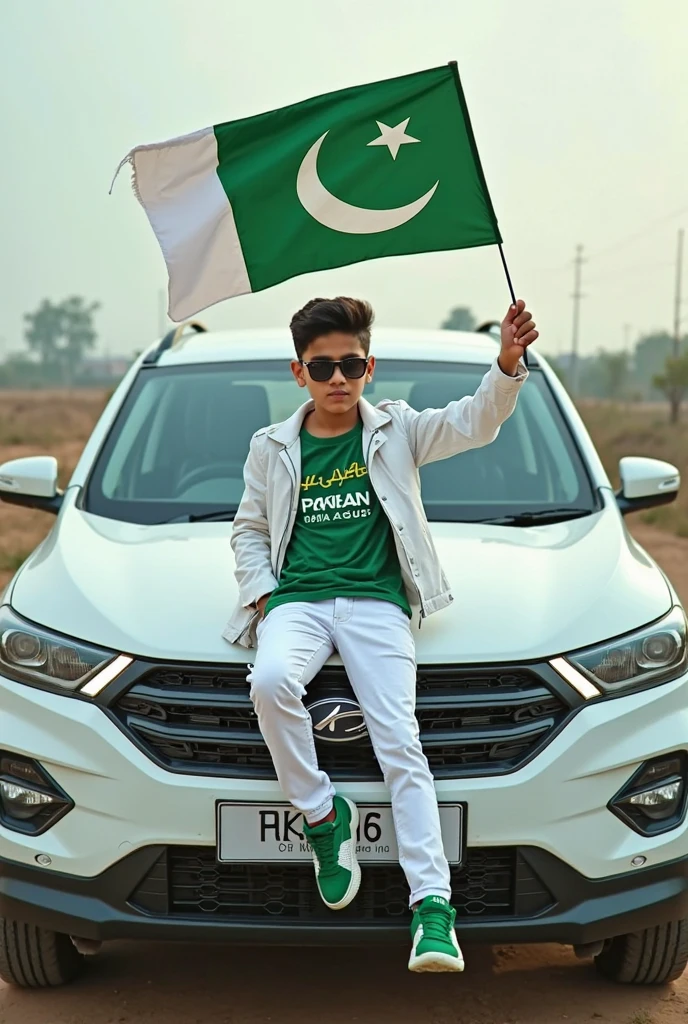 Photo of a kid named Bilal Ahmed wearing green shirt and white pants standing in front of a green and white coloured car with Pakistan flage on it
