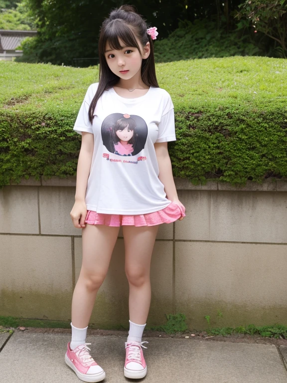 (8K),(masterpiece),(Japanese),(8-year-old girl),((Innocent look)),((Childish)),from the front,smile,cute,Innocent,Kind eyes,Plain T-shirt,Short sleeve,Blue checked short skirt,(Carrying a red backpack),Straight hair,Hair blowing in the wind,Black Hair,Somewhat strong wind,noon,Bright White Lingerie White Lingerie White Lingerie side-string panties side-string panties Take a full-body photo