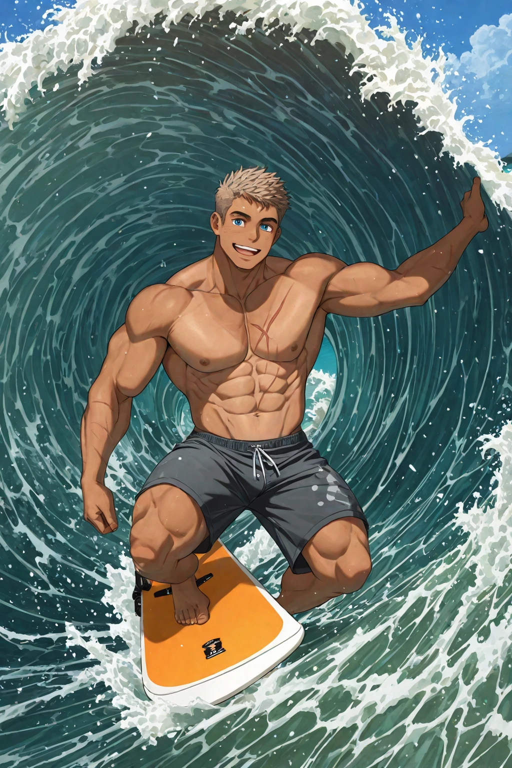 A young muscular white man.  wear bikini.  surfing in the ocean with a seductive pose