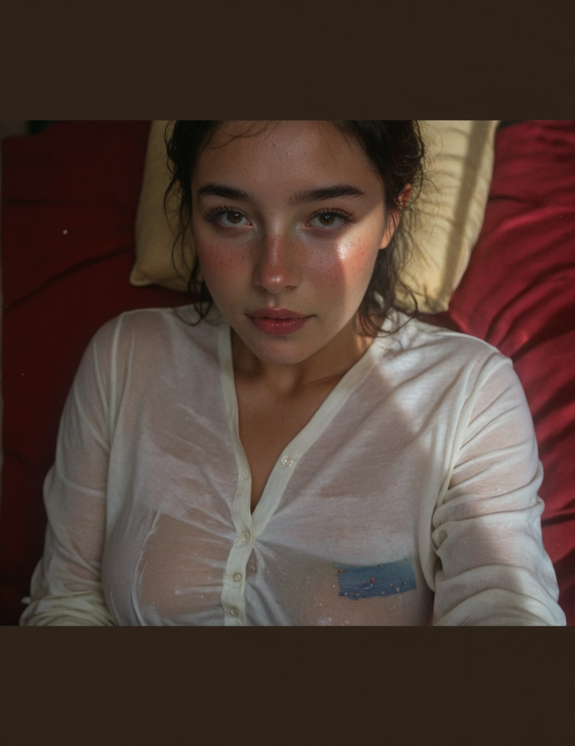 photorealistic, best quality, (hyper detailed: 1.4), young beautiful woman, small breasts size, jumping, ((laying on the bed:1.3)), down the face, sexy, flirting, ((wearing white tight-fitting t-shirt:1.3)), ((black hair color: 1.4)), (black curly long hair: 1.5), blue eyes, Detailed eyes, beautiful european young woman, (Highly detailed face:1.4), exuding a natural glow, jaw-dropping beauty, sexy, seductive, vivid colors, subtle shadows