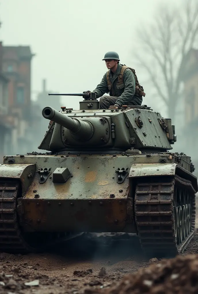 soldier driving a kv-2 tank in world war ii.
The tank is closer and only the pilot's face appears.