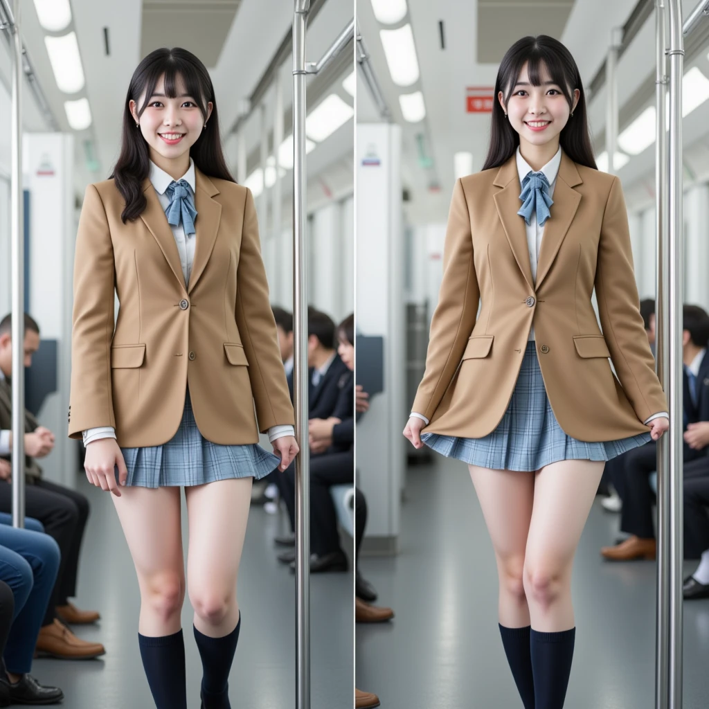 One Woman、((Standing wearing a blazer and miniskirt school uniform))、Primary school students,((small breasts)),Highest quality、Very delicate and beautiful、((Very short bangs))、((Bangs))、明るいつやのある茶色の髪のHighest quality、Very delicate and beautiful、((Very short bangs))、((blunt bangs))、Light shiny brown hair、The hair is light、((Short Bob))、Cute face、Young face、Cute like an idol、Are thin、Slim figure、slender、Short、 body type、((The background is a Japanese townscape))、Walking、Thighs、Photographed from the front、The best smile、