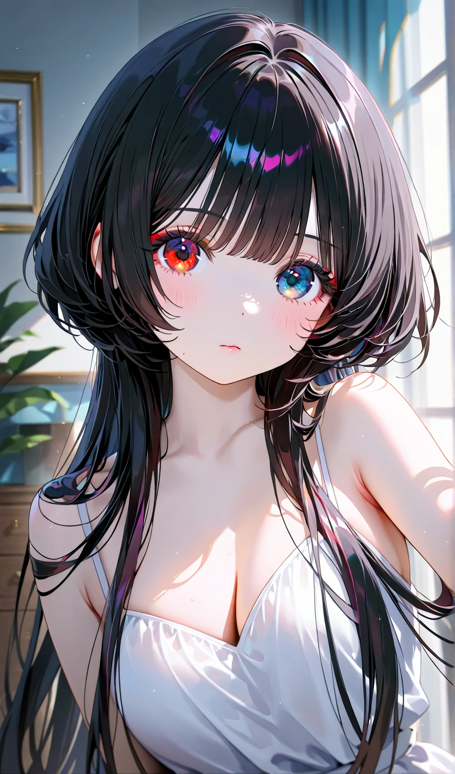 Black hair, blue eyes, red lingerie, red bra, red underwear, sexy, large breast, smile, a hotel bedroom