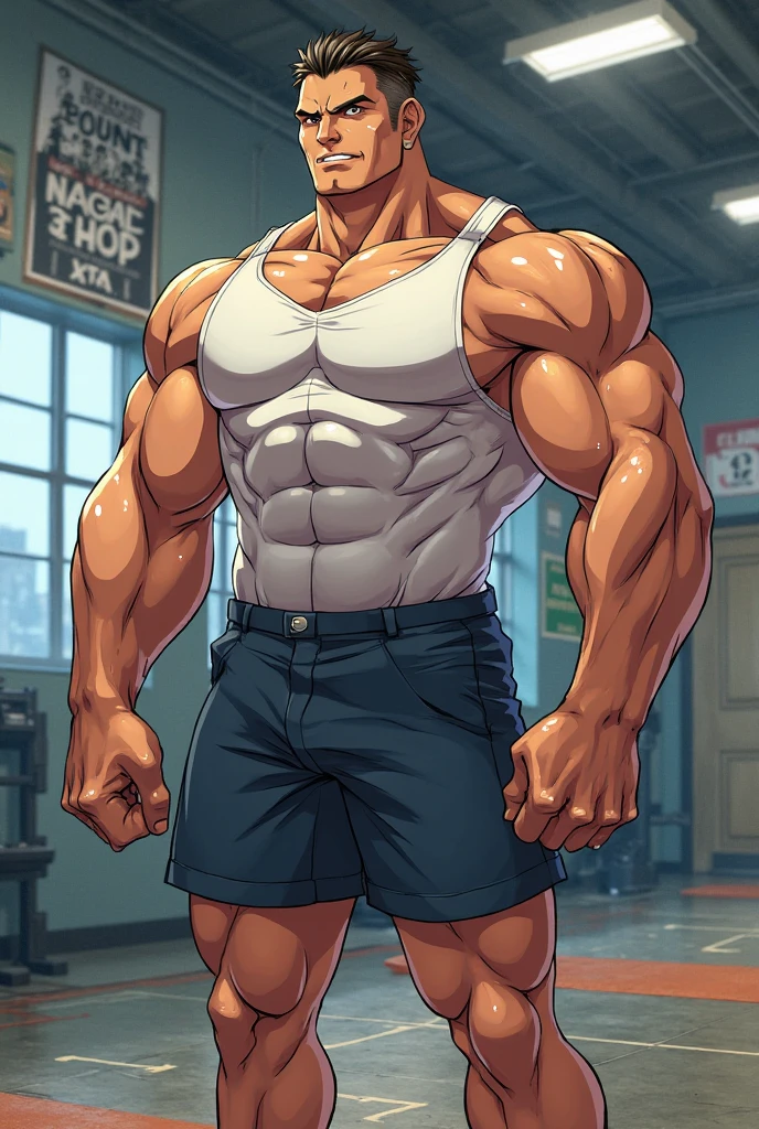 (A male athlete,)(In a small room,Desaturated teal walls,The room is paved with soft seamless gray-blue bricks,Dirty clothes piled on the floor in the room,)(He radiates,Topless,No shirt,Wrists wrapped with cloth,Wearing blue-green sports shorts,Socks are torn,Socks showing toes,)(Shy expression,Blushed,Standing helplessly,Hand drooping,Knee slightly bent,Half of the body,Lift up your trouser legs with your hands,)(Shot from below,full-body shot,)(White skin,Very high,muscular,Broad shoulders, Huge muscles, muscular的,pectoralis major, strong身体, Well-developed arm muscles, muscular的身体, Chest muscle expansion, 8 Pack Abs, strong,)