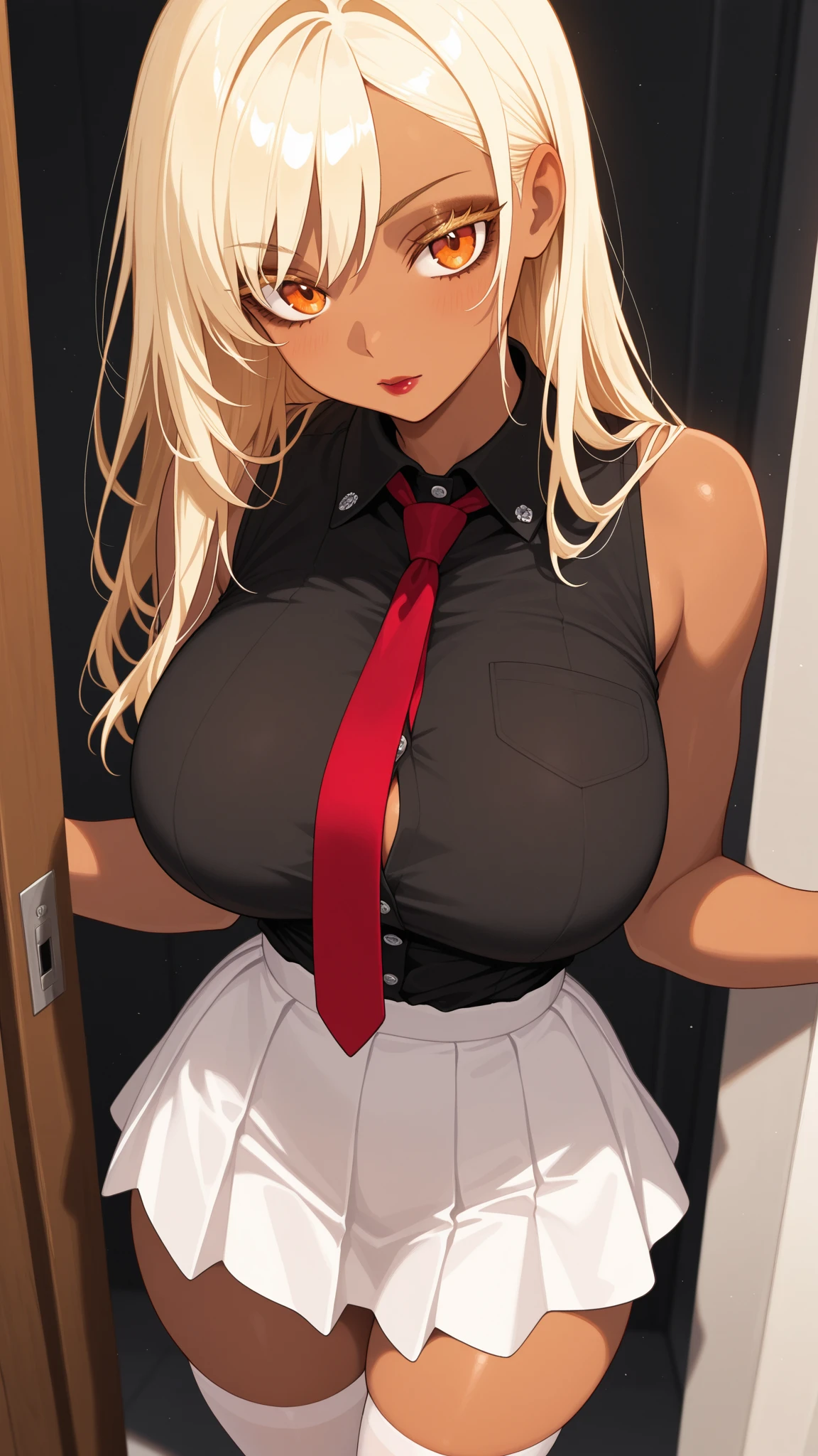 One Girl, High quality, Ultra detailed, best quality, insanely detailed, beautiful, masterpiece, cute, smile,((Short pleated skirt, White blouse, Schools in South Korea:1.2)), sexy, A girl showing off her attractive breasts, ((Platinum Blonde Hair, Long Hair)),Pink Orb, fine grain, Beautiful Eyes, Delicate eyes, ((Hourglass Shaped Body, sexy body)), Correct Anatomy, Correct limbs, ((Huge breasts:1.2)), Juicy lips, Pouting, [Detailed Background (Schools in South Korea, South Korea Colleges and Universities, Seoul, South Korea)]BREAK((black thigh high socks)),((Side Shot)),((View from between the legs)),((tan skin:1.6))