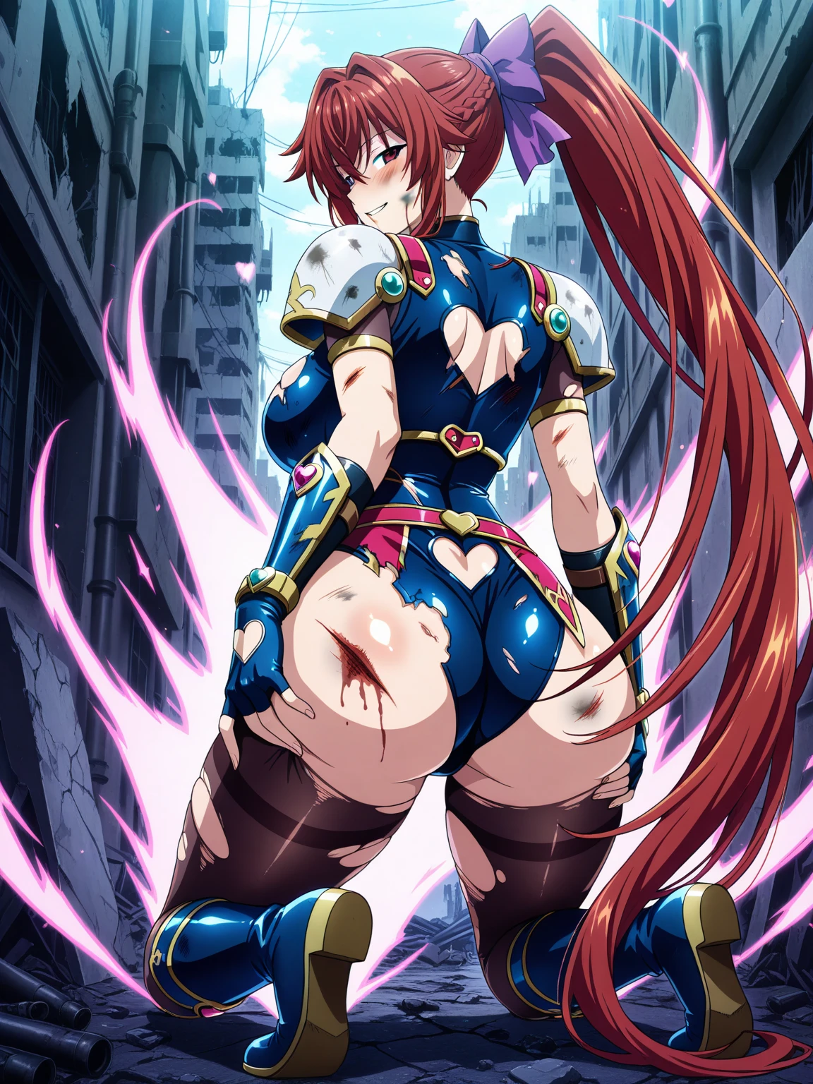 ultra-detailed, Explicit, Beautiful body, Beautiful Nose, Beautiful character design, perfect eyes, perfect face, ultra highres, 4K, beautiful legs, perfect legs, Nice hands, Perfect hand, Masterpiece, Best Quality, Highly detailed, illustration, absurdres, perfect anatomy, street fighter, doll suit, shadaloo doll, dollsuit, expressionless, blank eyes, looking at viewer, red gloves, emotionless, black latex, corruption, mind control, female combatant, full body, hypnotized, unhappy trance, full body suit, ribbed bodysuit, both arms at side, obey, perfect female body, extremely glossy latex, hypnosis, hypnoLora, empty eyes, Mind control device, poses, submissive_pose, Slave, standing straight, standing, standing at attention, hat, necktie, belt, latex, ribbed bodysuit, thigh Highs, garter belt, Fighting Stance, extending the right arm from the shoulder into the air with a straightened hand, military, thigh boots, black pantyhose, (((pixel-perfect, detail-perfect))), solo, 1girl, hair ornaments, HENRIETTA, HENRIETTA, THE FAMILIAR OF ZERO, 17_YEAR_OLD_GIRL, PURPLE_HAIR, BLUE_EYES, LARGE BREASTS, HUGE BREASTS, HENRIETTA_DE_TRISTAIN, CROWN, TIARA, from back, from behind, view from behind, view from back, ass