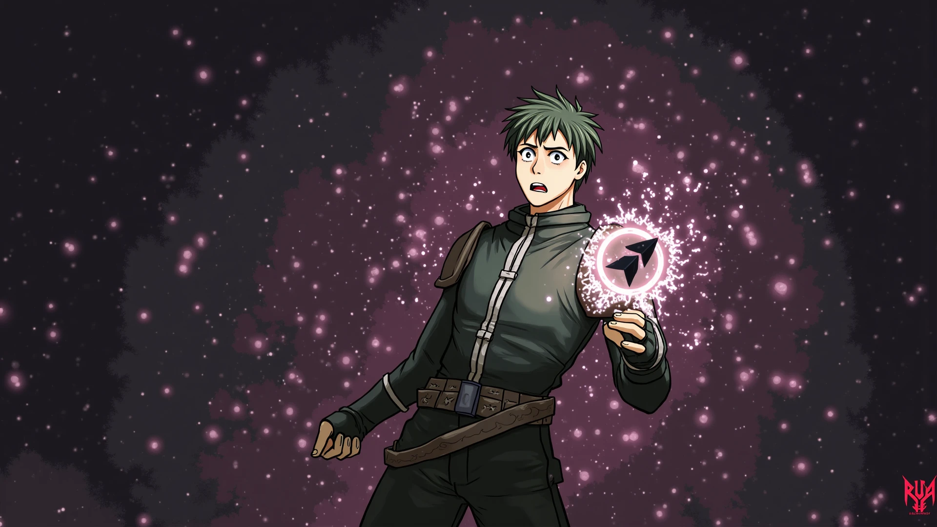 best quality, incredibly absurdres, 8k wallapaper, panorama, upper body portrait and dynamic pose, green eyes, constricted pupils, crazy eyes, crazy smile, looking at viewer, staring at viewer, young male character, 1boy, male focus, masculine, hime cut, (light brown streaked hair:1), (dyed Bangs:1.2), (fantasy style clothing and background:1.3), (shadows cast over face:1.3), dark room, shadow room, hard detailed shadows