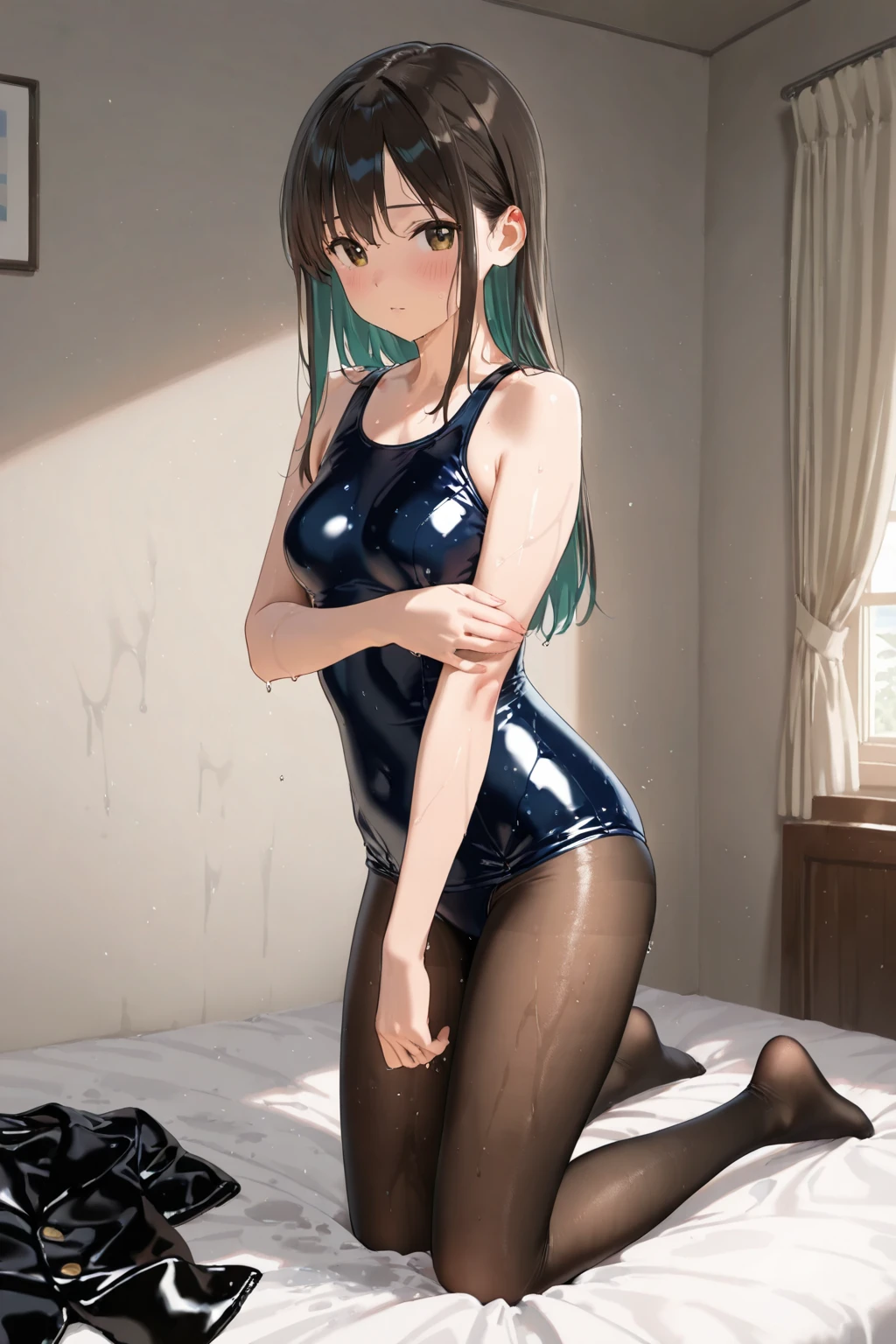 ((top-quality))、((​masterpiece))、1girl in、Formal-up、beautiful detailed eyes and face、pretty skin、a very cute、22year old、School swim wear(darkblue、Simple design、Matte texture、Wrinkle、Polyester material、Nero、shadings、)Wet body、Anime Face、Beautie、Facing the front、big eye(Beautiful fece、Anime Face、Clear eyes、Fine details、Beautiful eyes)Well-formed face(Beautiful nasal muscles、Perplexed、sharp mouth)full of sweat、sodden、Wet feeling、Background with(sunny sky、takeout)、8K picture quality、perfectly proportions、A slender、red blush、female focus on, hair adornments,length hair, Look at viewers,