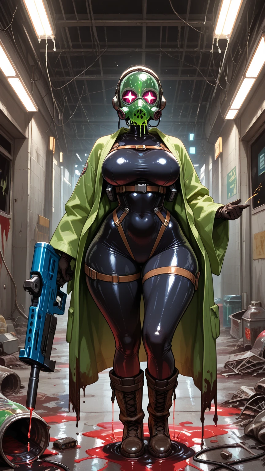 zexy zombie girl, PERFECT FACE, THICK LIPS, NEON RED eyes, CYBERPUNK ARMY SUIT, holds two swords, blood stains, curves, big breasts, YELLOW GREEN colors, ATTACK POSE, full body focus, high definition.