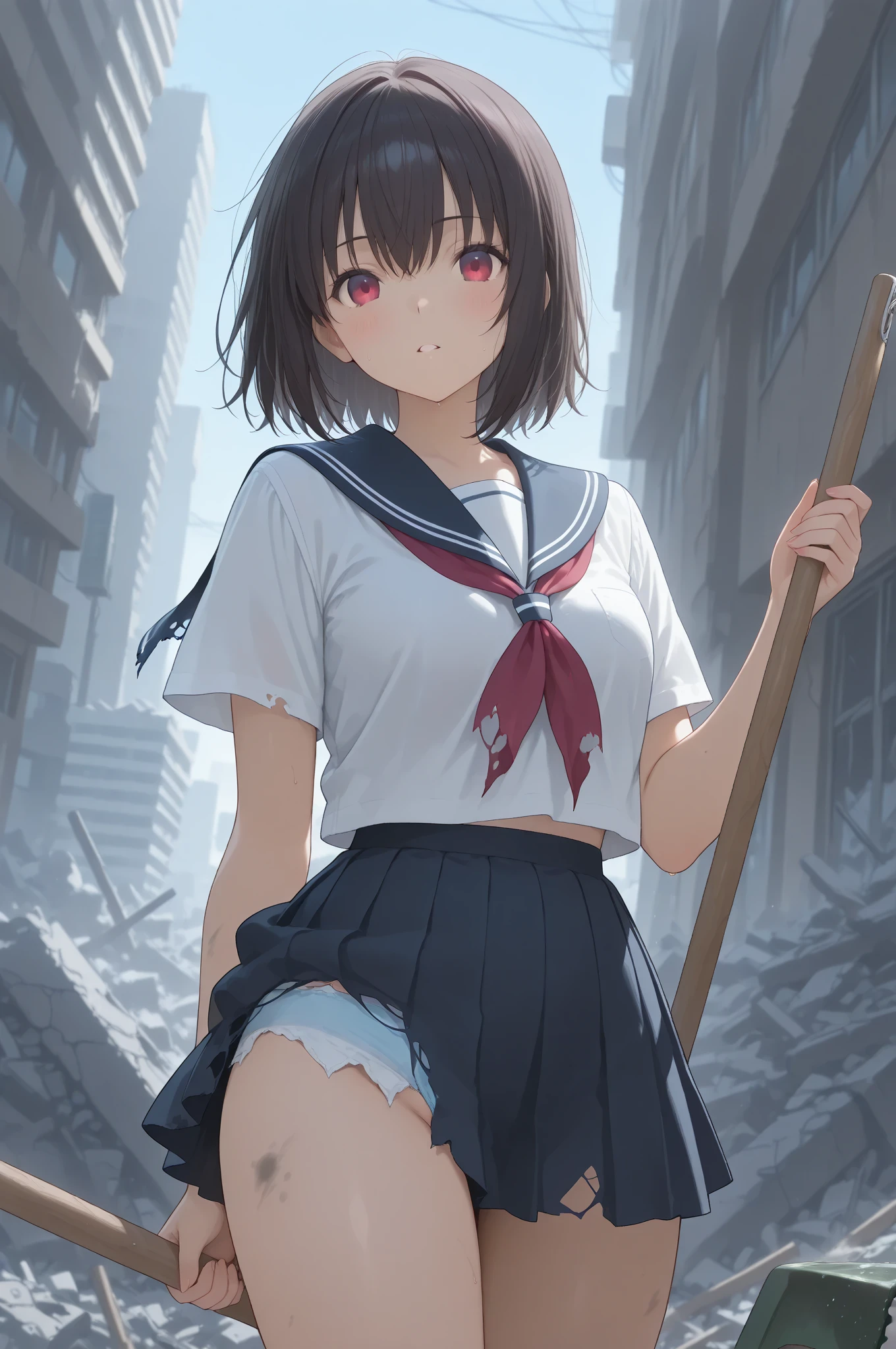 Little People Series, Yuki Osanai, Bob、Shortcuts, cropped black hair, bangs, Slanted Eyes、(Red gradient eyes:1.2), Expressionless、((Red cheeks、Red face))、Young、Short、(Trembling)、((Small breasts))、(avenger、murderer、Serial killer)、Have a crude weapon、Bathing in blood、Bloody clothes、Blood dripping from the forehead、(No underwear)、Glare、Staring、
break , Open the chest、 Visible valley, On the way home, my body and face were covered in blood.、Bloody white sleeveless top,Around town、Night Sky、Starry Sky、
break、Around townを歩く、Hug viewers、Spread your arms、Wide-open sleeveless、Hair fluttering violently in the wind、（To harass the user）、
 masterpiece, Highest quality, High resolution, unity 8k wallpaper, (Beautiful attention to detail:1.6), Highly detailed face, Perfect lighting, Highly detailed CG, (Perfect hands, Perfect Anatomy,Perfect five-finger),Full body portrait、