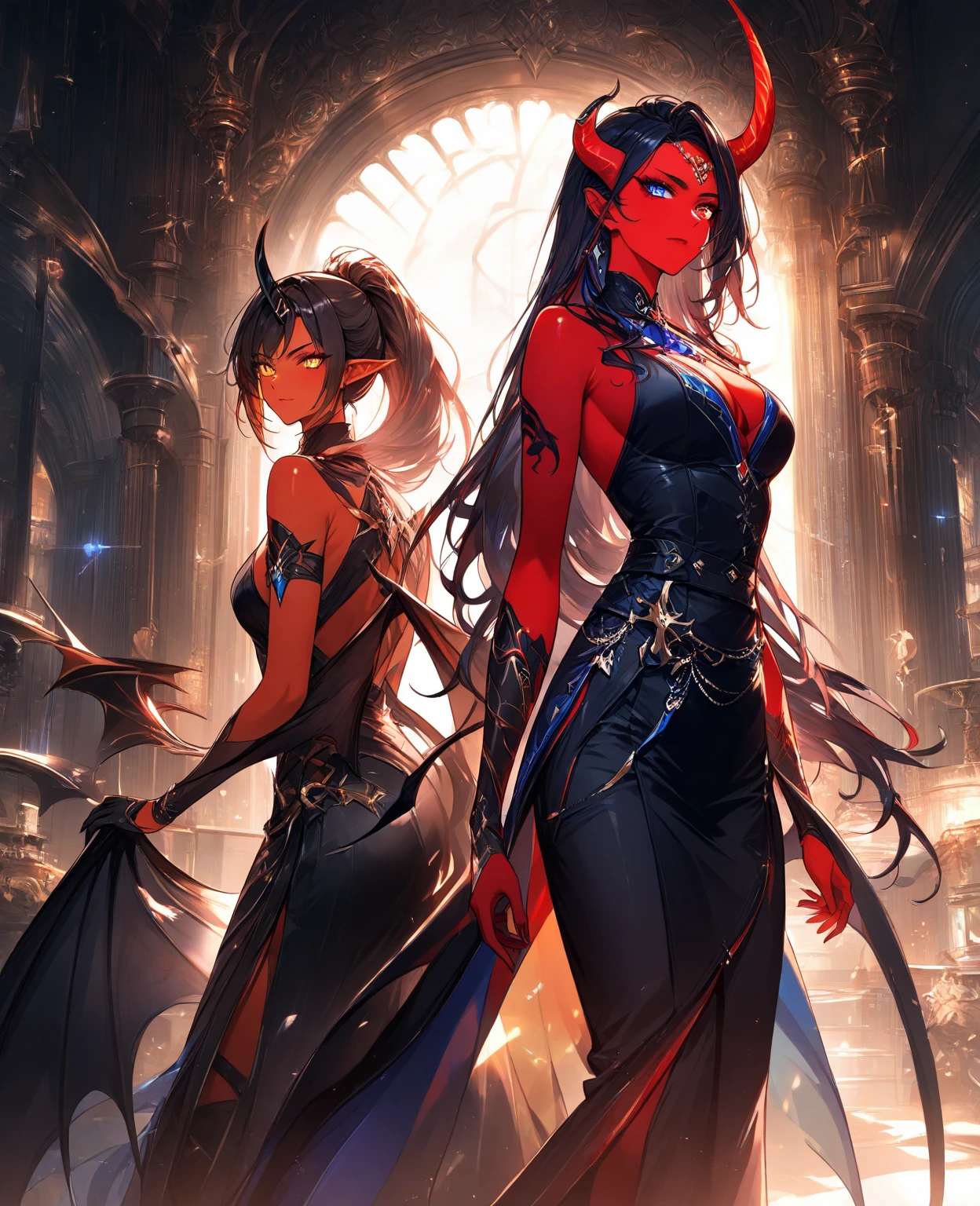 1girl,adult,fit,30s,sensual,black armor,cleavage,pointy ears,black hair,long hair,(((red skin,colored skin))),night,moon,flying,evil smile,dynamic pose, horns,fire magic,attacking