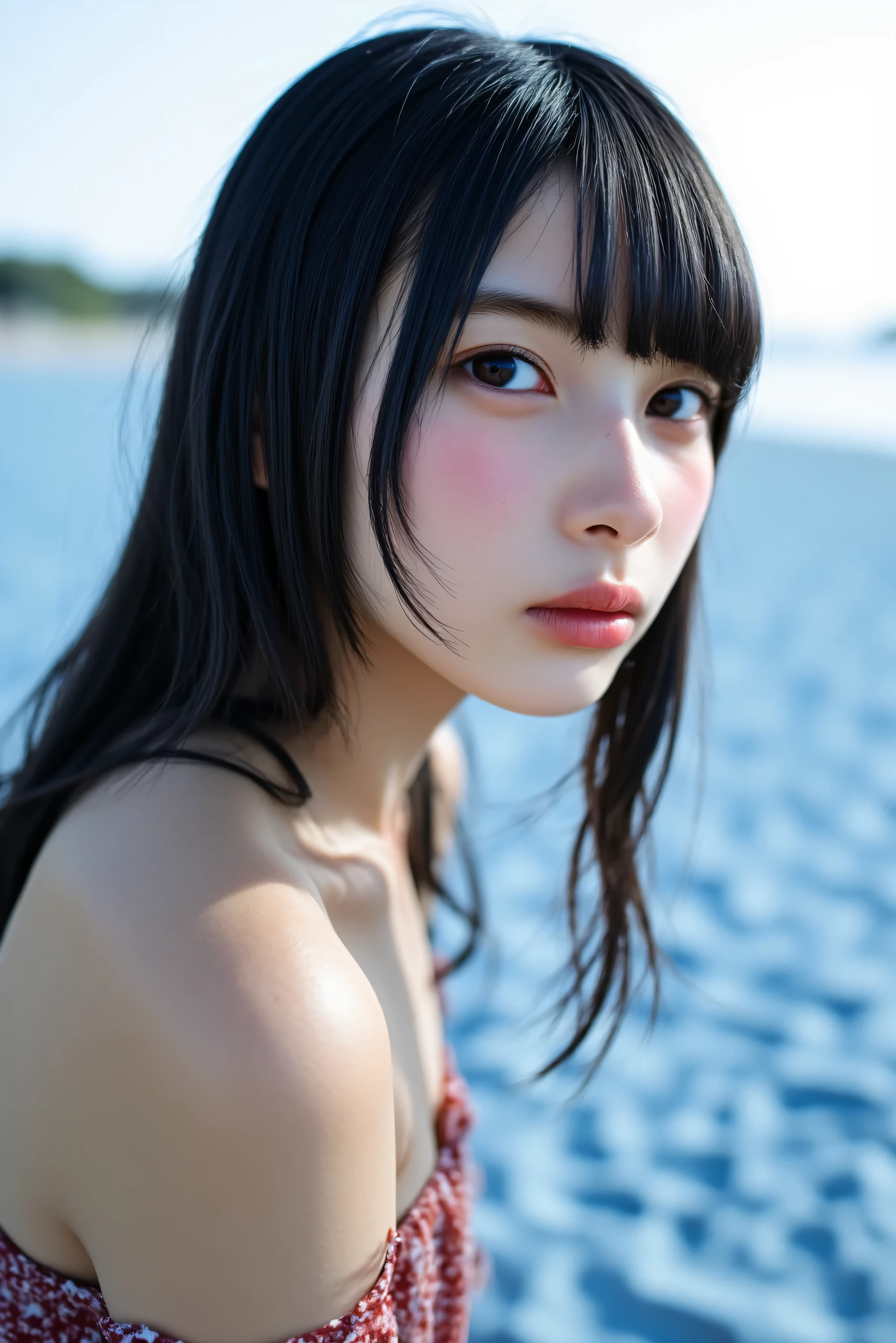 naked background blue sand beach wheat colored skin freckles face zoom up official art hologram