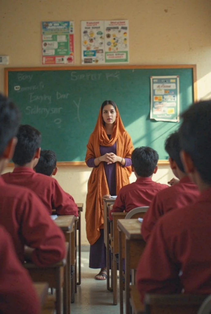 Pakistani female teacher in the class in front of all girls students