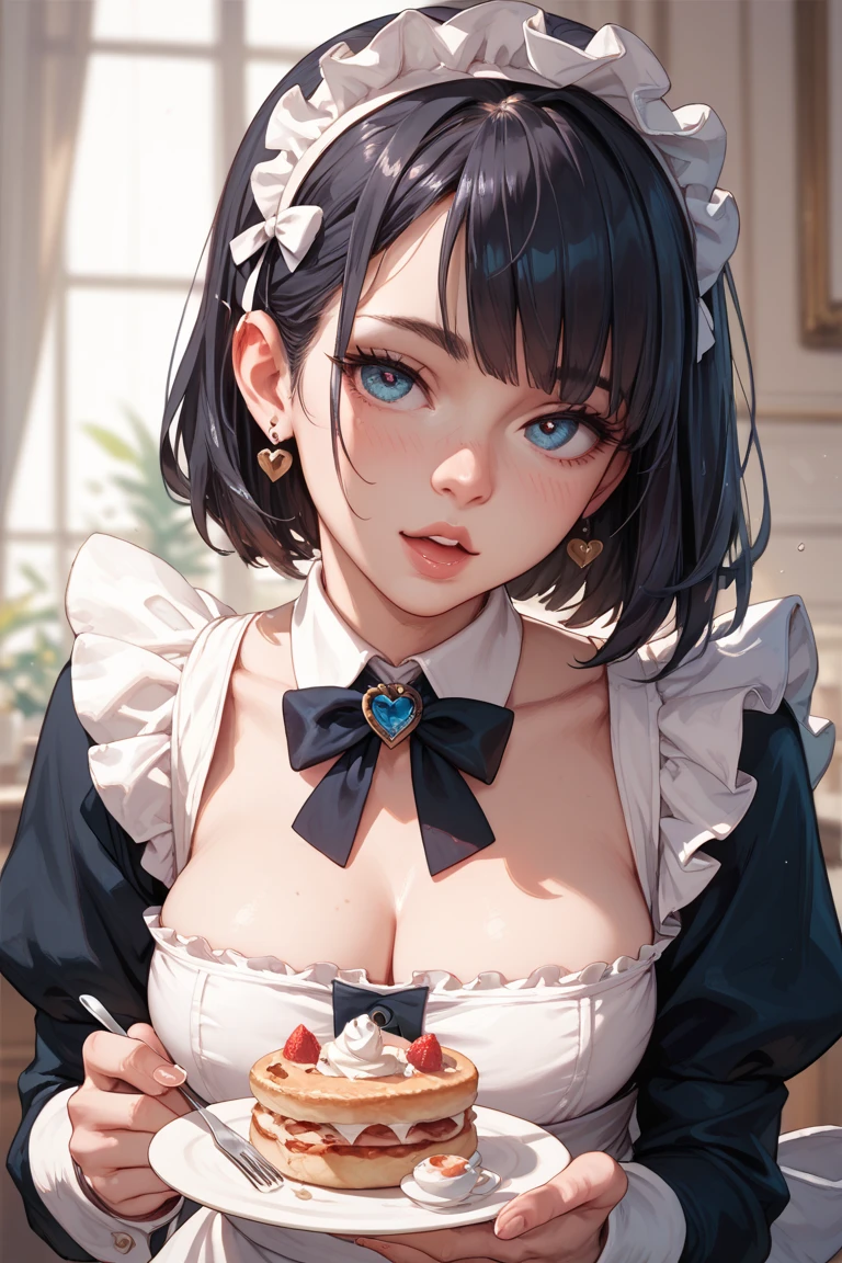 1girl,solo,black bob cut hair,look at me,blue eyes,pink lips,wearing earrings,white colour maid uniform,maid clothes,underboob, shirt,, bursting breasts, heart cutout