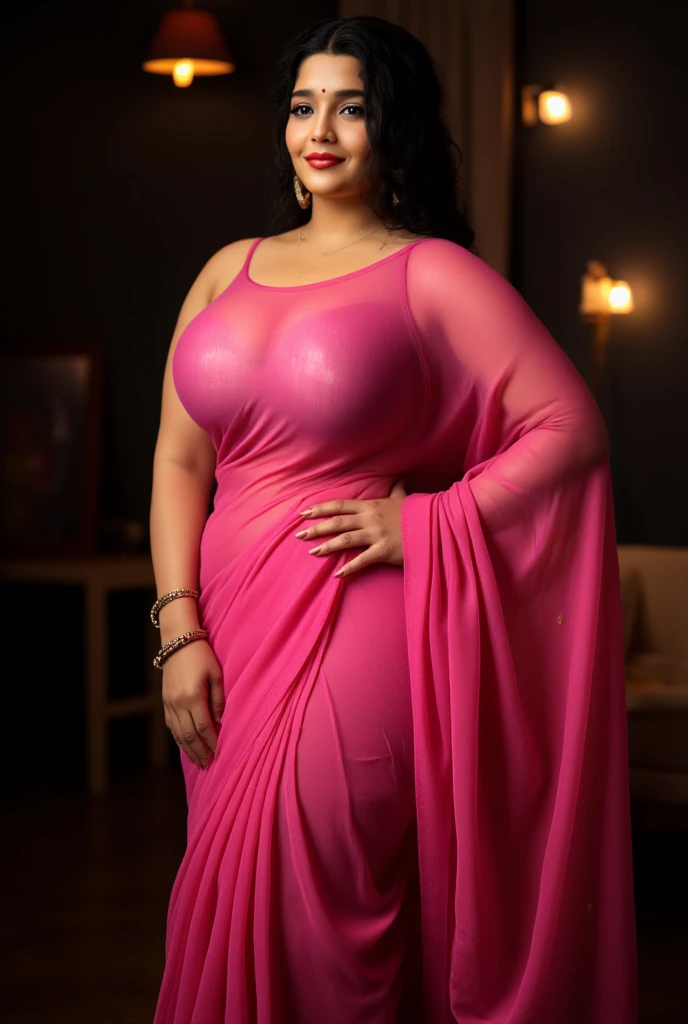 Tamil Nadu sexy chubby face and fit body aunty at age of 30 in Punjabi transparent sexy peacock-pink half-saree and long transparent sexy peacock-black net-skirt with headphone and showing her sexy full body structure her room while studying books
