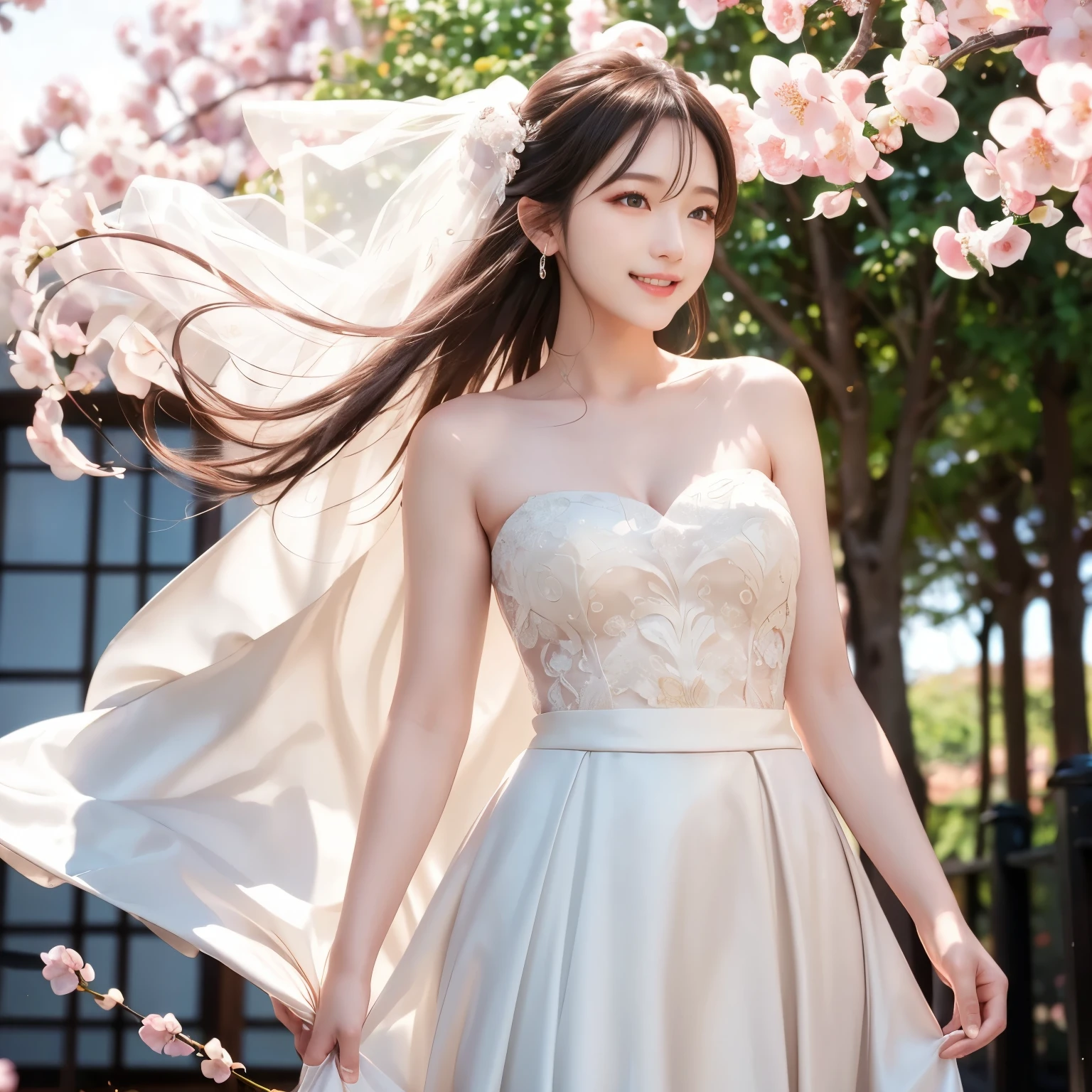 (masterpiece,best quality: 1.4),(8k,raw photo,photo realistic:1.2),shiny skin, detailed skin,detailed face,detailed eyes,Japanese idol,beautiful face,cherry blossom trees, under cherry blossom trees, one beautiful woman, beautiful Japanese woman, well-developed face, model figure, (long hair: 1.2), (wedding dress: 1.3), (happy smile: 1.2), (standing),(wind is blowing her hair and skirt:1.4),