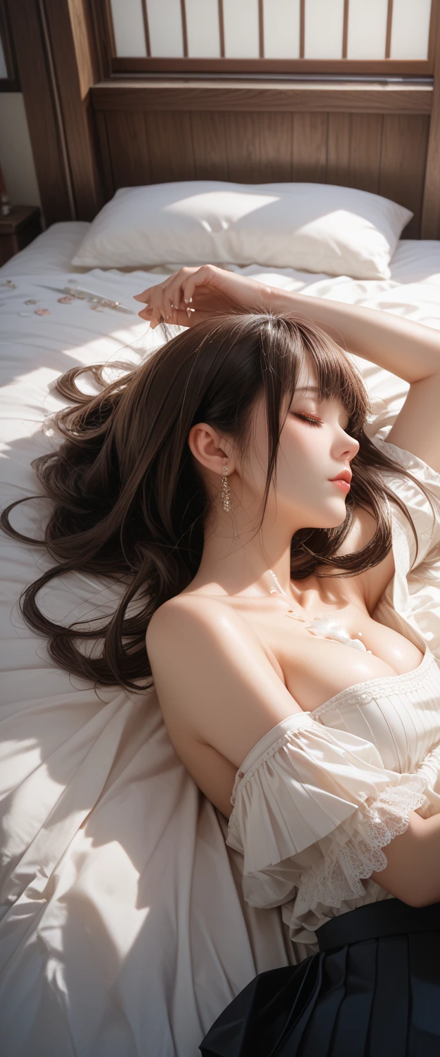 (1girl in:1.3), Cinematic Light, (masutepiece, of the highest quality, Best Quality, Beautiful and aesthetic:1.3), ighly detailed,highest details,(Ultra-detailed),,
From above,(( lying on bed)),
Solo, breasts, Silky long hair, (Brown hair), Roses were scattered all over the beds,
((Suit)), ((Shirt)), opened breast,((Eyes closed))、