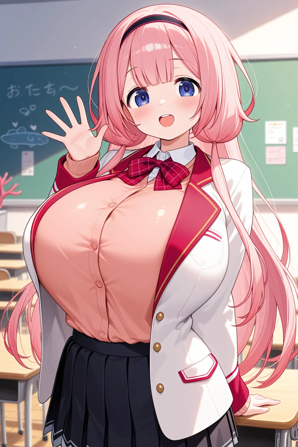 (masterpiece、top-quality、ultra-detailliert)、((1 girl))、((Pink hair twin tails))、light blue eyes、evilsmile、piercings、((very Bigger breasts))、White collared shirt、cleavage、((light brown cardigan))、Black Mini Pleated Skirt、cowboy shot、Classroom Background