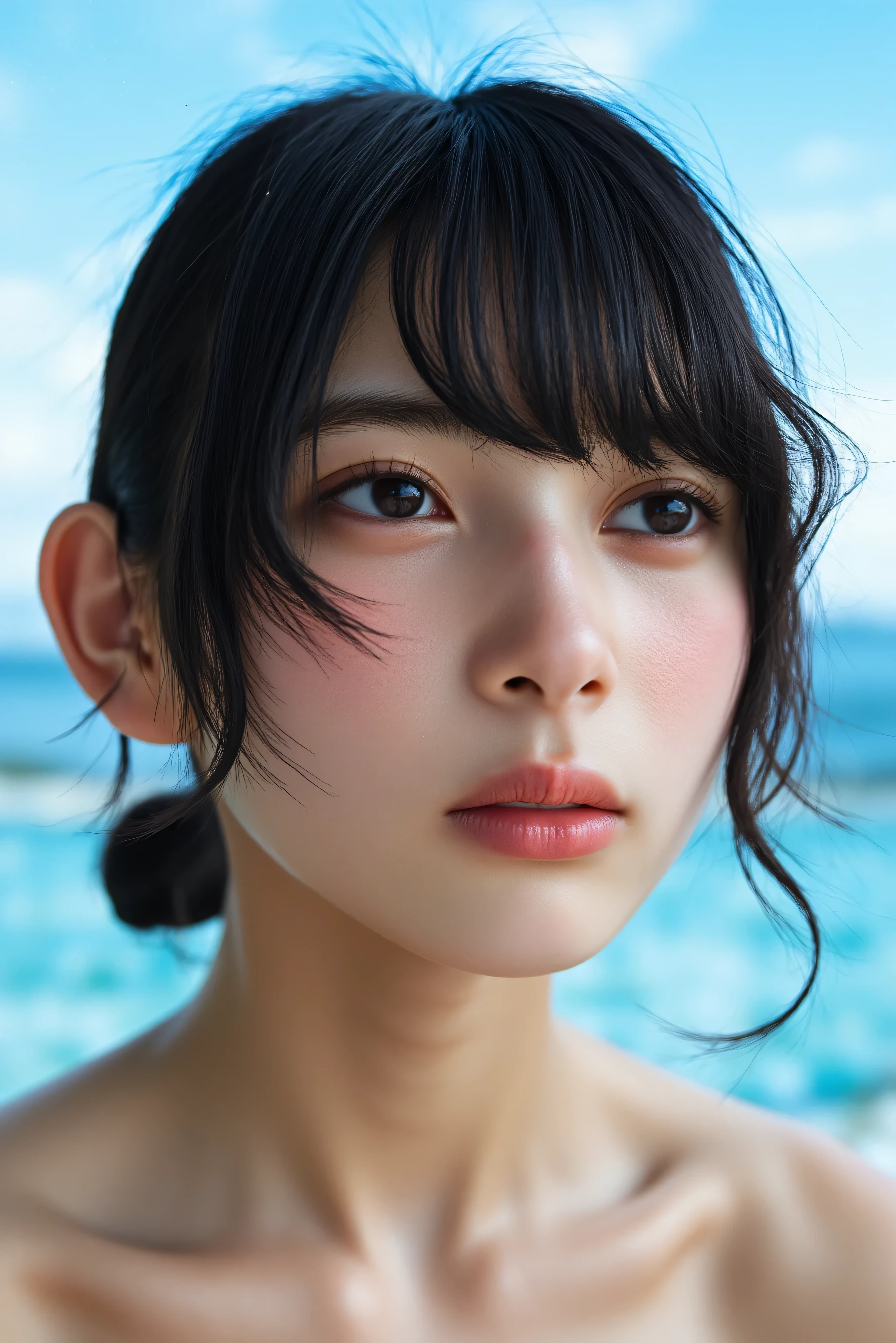 naked background blue sand beach wheat colored skin freckles face zoom up official art hologram