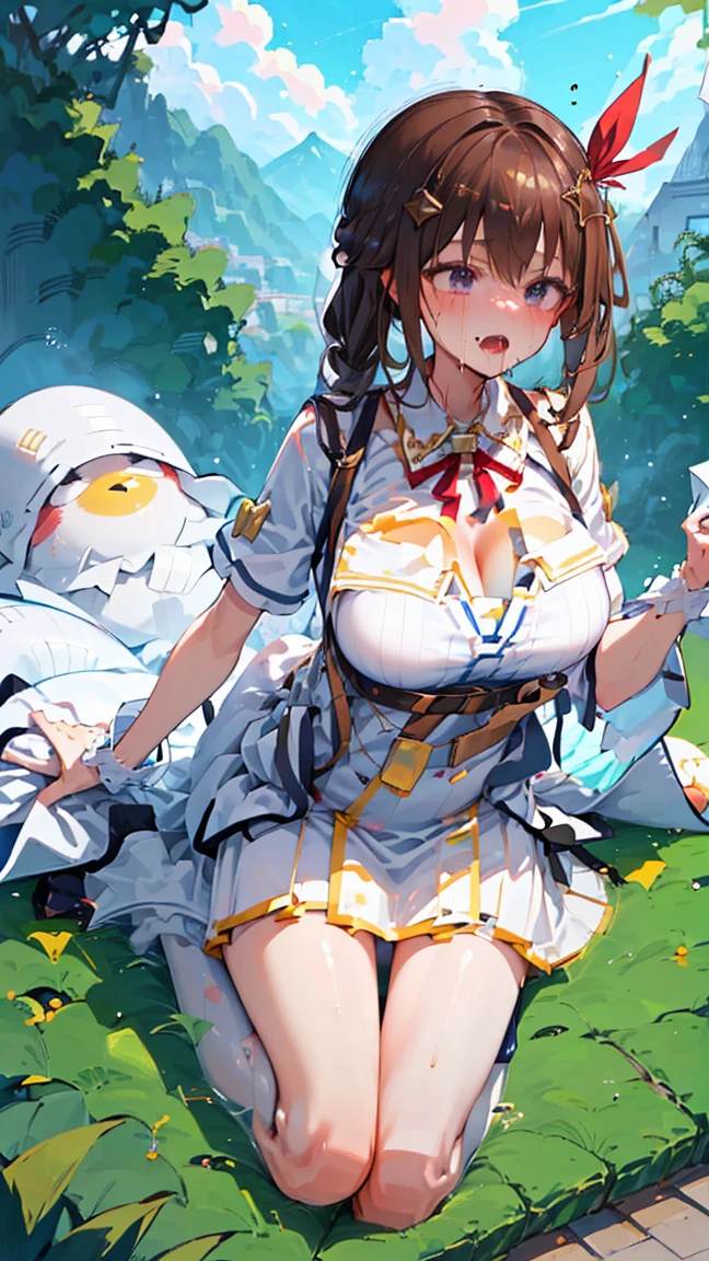 Dark color depiction、(masterpiece, highest quality:1.2), alone, One girl, umpd gold ship, pillbox hat,White Uniform,No sleeve, White Pantyhose, White gloves、boots, Horse tail,、grassland、Nature、blush、Close your eyes and scream、Sweat、summer、Leg spread、Spread your legs、sit、(Huge breasts:1.4)、Underwear is visible、Clothes are see-through、Pantyhose bite、See-through pantyhose、See-through pussy、Overflowing large amount of love juice、A large amount of thick 、Masturbation、masturbation behavior、Put your finger in your pussy