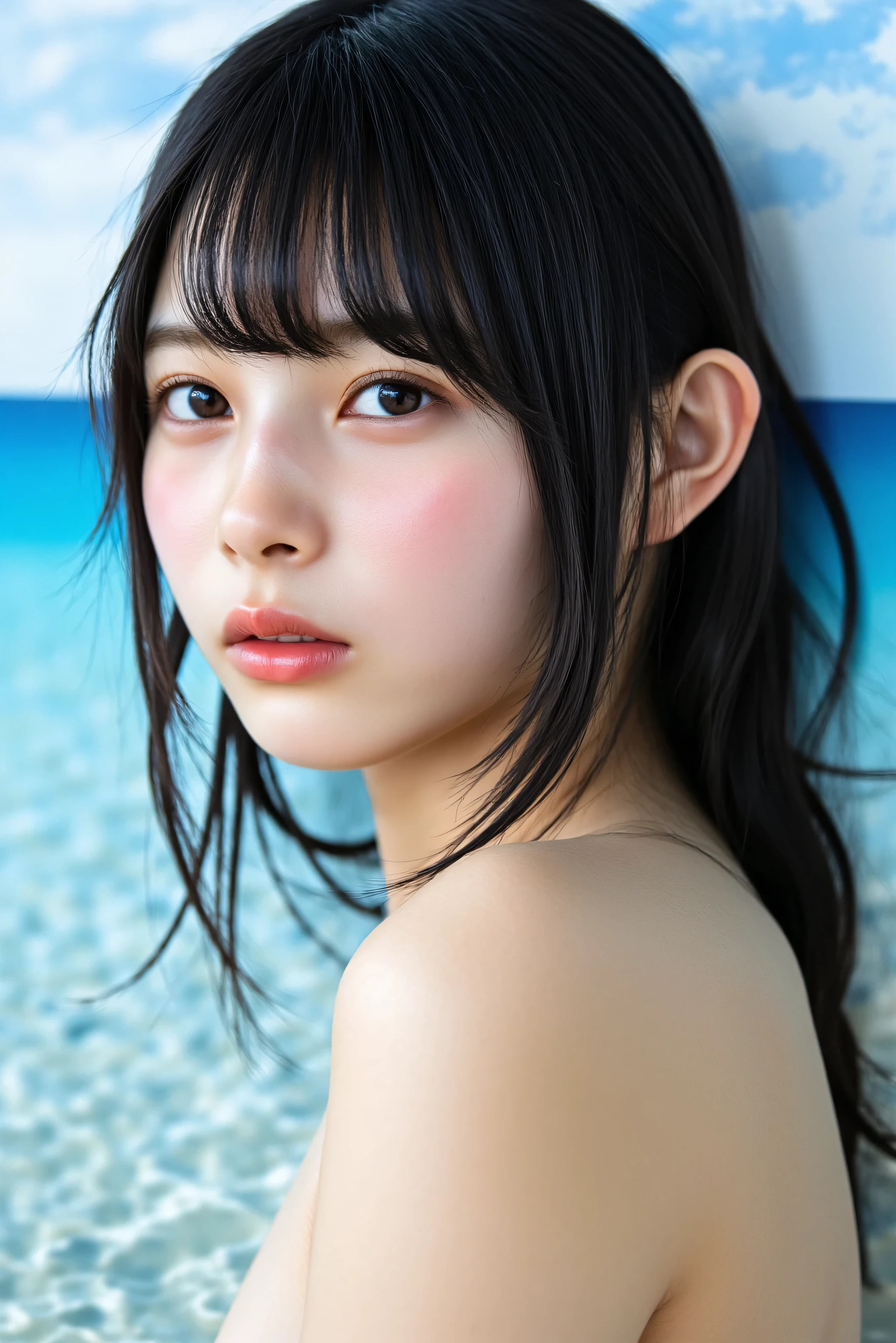 naked background blue sand beach wheat colored skin freckles face zoom up official art hologram