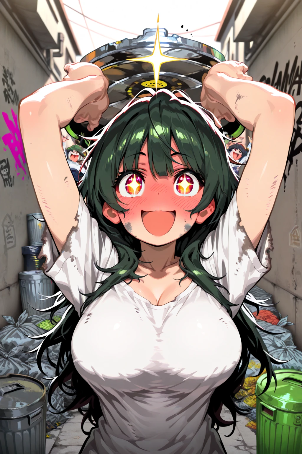 (Masterpiece), Best Quality, ultra-detailed, 1girl (zodiac_mallow, lovely small breasts, dark skin, green hair,  long hair,  twintails, headband, pink flower in hair, green eyes, half-closed  eyes), a  pained face,  , open mouth, Saliva, screams,  head tilt, nose blush, blush, facing viewer, looking at viewer, solo, black  jacket, leather jacket,undress,dark skin, bare  one 
shoulder,  white tank_top, covered nipples, cleavage, navel,  denim  short skirt, outdoors, street,  wall, against  the  wall, hang on person, spread legs, hands up, hands forward, sex,hetero, sex, sex from front, pussy, penis, cumdrip from her pussy , top view 