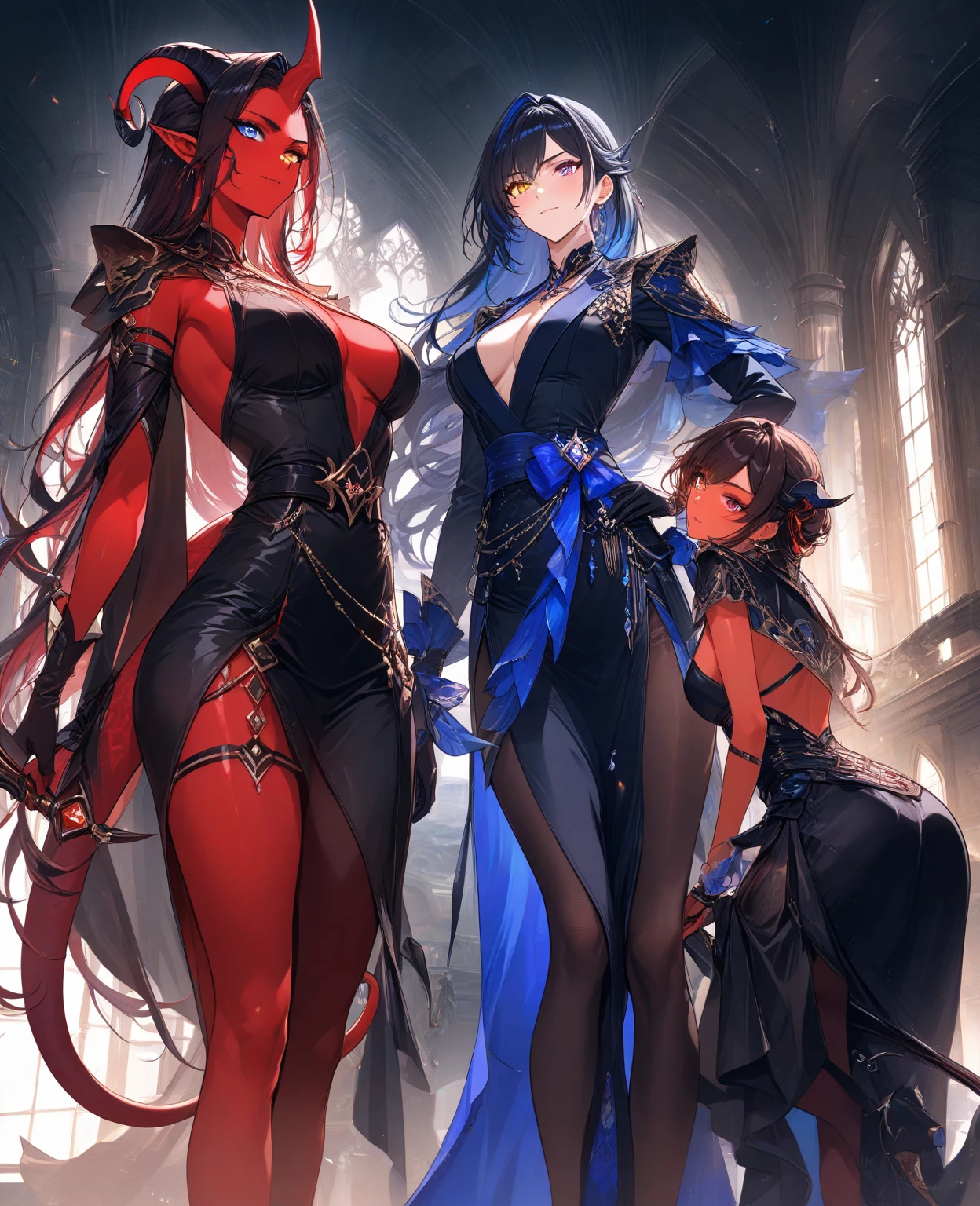 beautiful woman, (big breasts:1.3), rogue tiefling, light armor, anime illustration, photorealistic, fantasy, comic, manga, perfect body proportions with generous curves