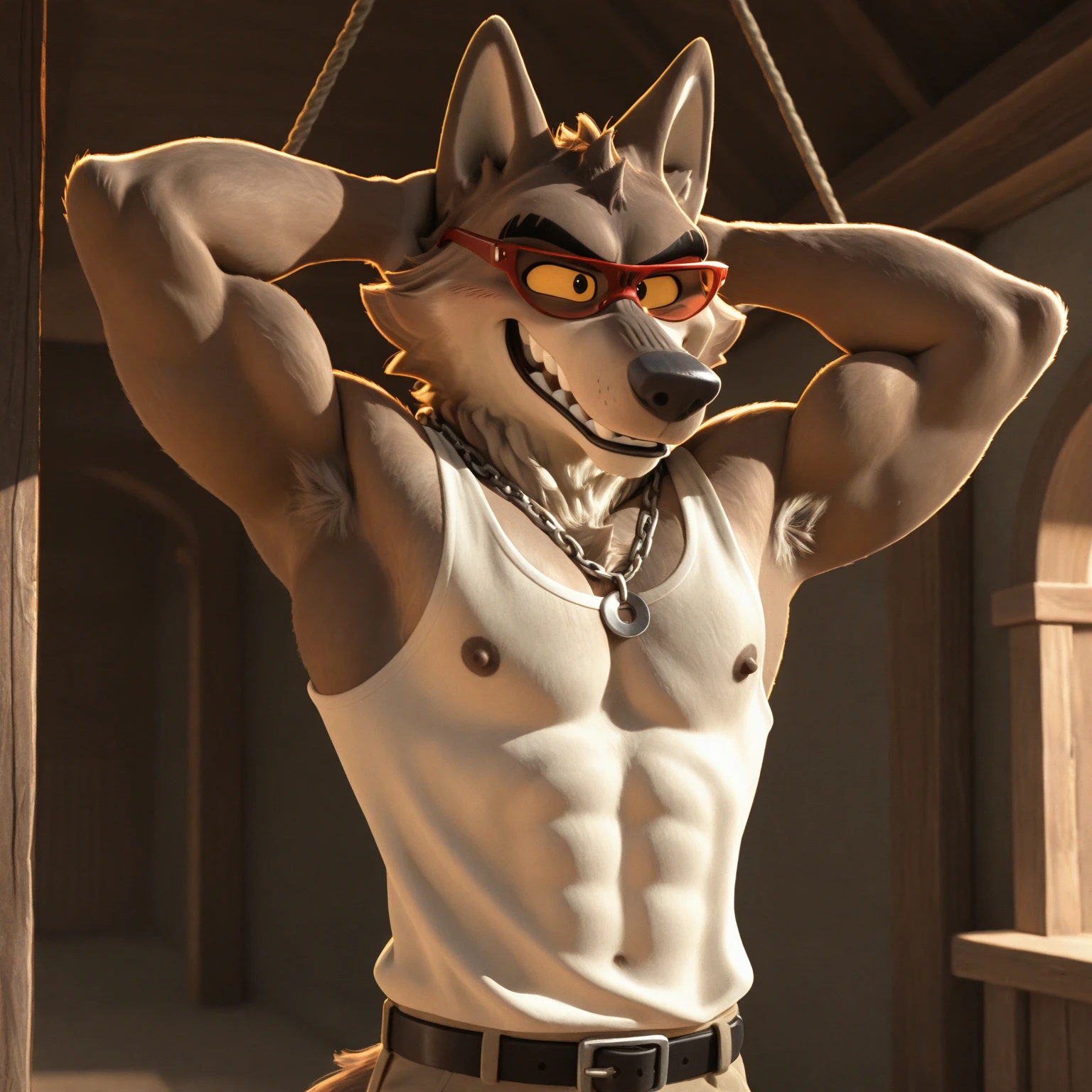 Solo Sexy anthro furry wolf male; ancient Mediterranean desert warrior; slim mesomorph handsome model apperance apperance; anthro muzzle head shape leather helmet mask with eye holes; anthro muzzle head shape leather helmet mask with eye holes, anthro muzzle head shape leather helmet mask with eye holes,; anthro muzzle head shape leather helmet mask with eye holes; anthro muzzle head shape leather helmet mask with eye holes, anthro muzzle head shape leather helmet mask with eye holes,; sexy toned muscules; sword scars; worn out rusty sexy skimpy armament. He has low on hips heavy leather studded heavy belt. he has very old worn out jockstrap (smelly jockstrap fetish); His jockstrap it is made of old white linen material sewn together from a few pieces, it has never been washed, it is dirty and has stains from secretions of dried semen and sweat; His armor is old heavy brown harness with armlets studded with spikes; he has old brown leather BFR Bands on Biceps and his thighs, he has old worn out fingerless leather gloves. His armor is in ruin, it is very very old and dirty, rusted, dirty, old worn out, rusty breastplate. Even though he is a handsome and sexy man, he has a sloppy appearance, has disheveled unwashed dirty fur, dirty body look. he smells, he has stains from old blood, dirst, cum, mud, smelly furr, disgusting bastard looking.he leans sexily against the wall with his legs spread, one hand behind his head, and he touches bulgy his jockstrap, licking his lips, horny for sex ; Mediterranean sunny pine forest; he has a proud, threatening and defiant expression on his face, with little dirty dangerous smile;