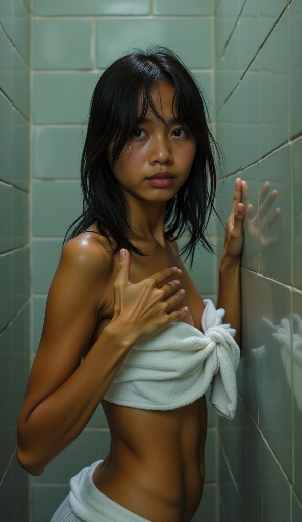 ((photorealistic)), RAW Candid Cinema, 16mm, color grading portra 400 film, prominent colors, Super realistic, Filmed with a cinematic camera, detailed skin texture, Subsurface scattering、 (((cute poor refugee woman)))、 best quality, Very dark underground slums, (Prison Cell), ((messy hair)) 、 ((((full nude))))、(detailed eyes)、((no makeup))、、(real face))、((No makeup))、(((beautiful skin)))、(((Skinny, boyish body)))、(((Get angry)))、((Air raided room)) Uniform skin color、(((shortcut))) (((sleep in bed))) ((Show your back and butt)) black background Japanese ((spread legs)) ((boyish)) ((Dark concrete walled basement)) (濡れたmessy hair)