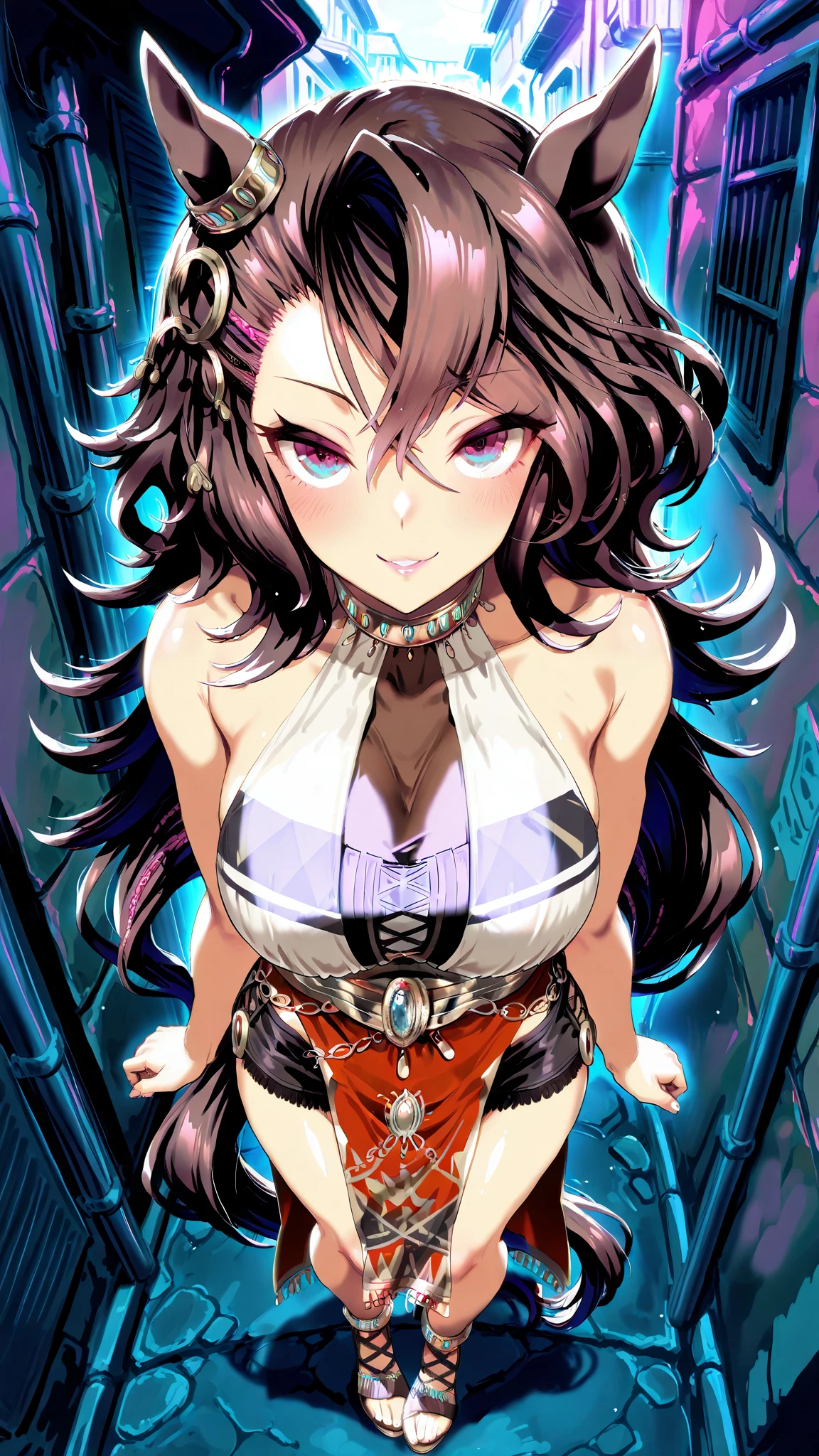 girl, (hotify:1.2), (future:1.4), (Ancient,Night Background:1.4),Hourglass Body,Tiny Breasts,(Playing Videogames),Very Long Hair,Braided Buns,(lime Heart Cleavage Cutout,purple Harem Pants:1.3),Pokemon,Stocking ,(masterpiece,detailed,highres:1.4) <lora:whale:0.6>