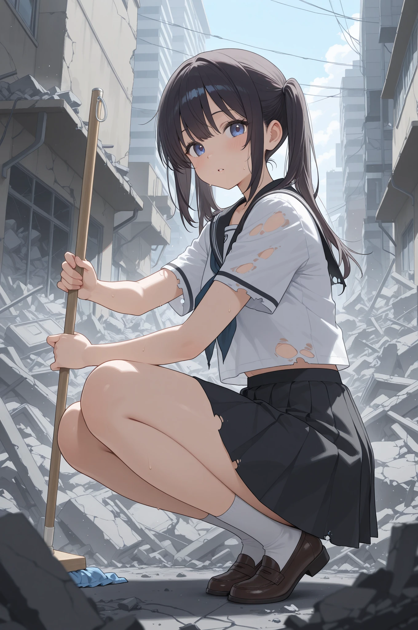 6+ girls, multiple girls, torn clothes, torn skirt, white panties, big breast, closed eyes, pile of corpse, scenery, battlefield, wreck