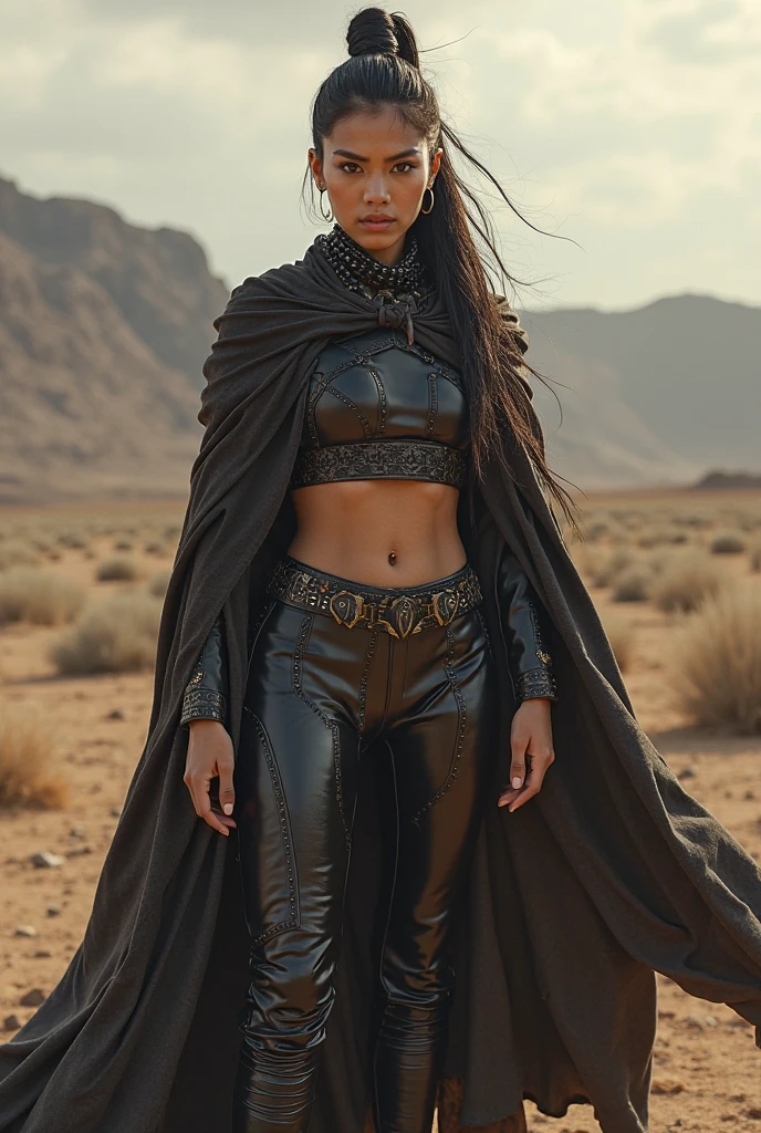 Create an image of a black woman in the desert at night, wear brown medieval pants and jacket. She is portrayed as a powerful and fearless warrior, without any sensuality. A areia do deserto se estende ao seu redor, as she holds a sword with determination and confidence. His gaze is serious and determined. incluir uma pantera ao lado