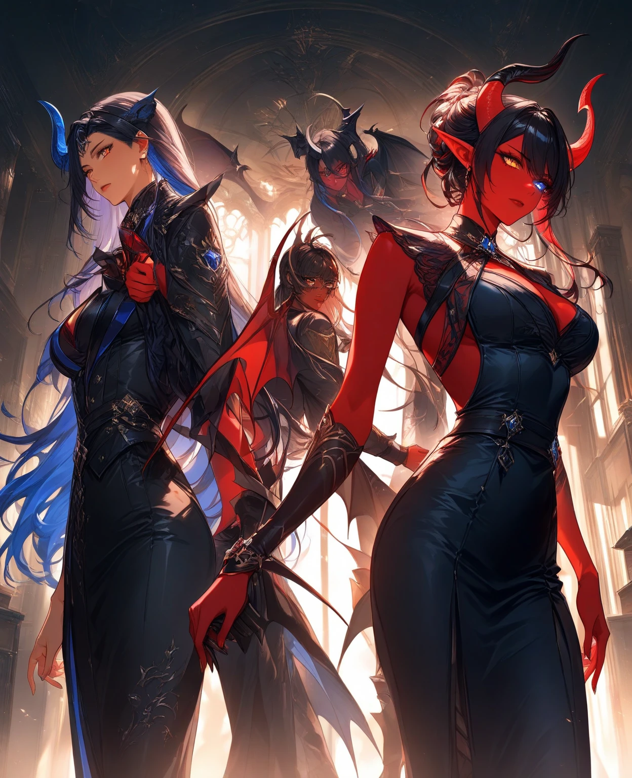 highres, masterpiece, perfect lighting, bloom, cinematic lighting, adult, female, looking at viewer, (RSEEmma:1.5),tiefling, (colored skin, red skin), horns, demon horns, oni horns, dragon horns, tail, pointy ears, side-swept bangs, black hair, pink IncursioDipDyedHair, messy mid ponytail, green eyes, thick eyebrows, freckles, smile, natural breasts, medium breasts, full body,