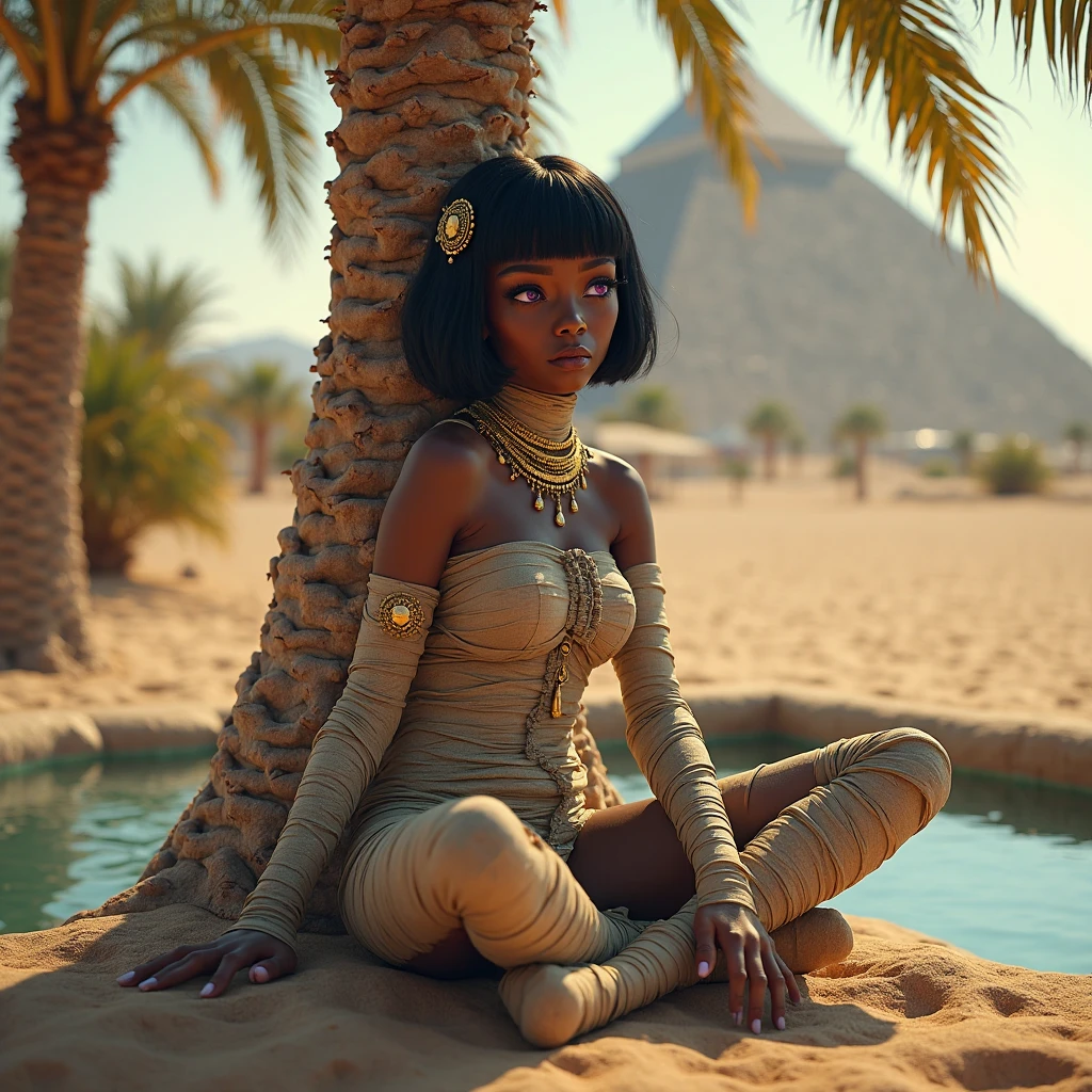 full body shot, dark colors, midnight ((nude)) with bronze body jewelry, (((Egyptian (eyeliner)))), ((long hair)) with a (((side shave))) and (((dark skin))), ((evil smile)) showing her fangs, Style-Hamunaptra, Cinematic light, intricate detail, highres, detailed facial features, cinematic composition, complex background,