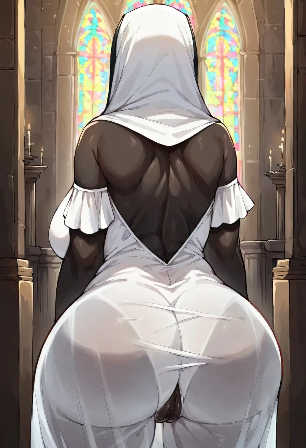 Black girl, Mature adult woman, big ass 1:9, big 1:9, (((masterpiece))), score_9, score_8, score_7, thick thighs, Fleshy pussy, large vaginal lips, ((high quality)), penetrating gaze, sexual scene, hot woman, (((Black skin))), black pussy, big black nipples, (((Nun in white transparent dress))), focus on the woman, sexy black girl, huge clitoris, At church, White transparent dress, cameltoe clothed on dress