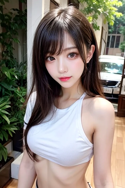 table top, highest quality, figure, Super detailed, finely, High resolution, 8k wallpaper, 完璧なダイナミックな構figure, detailed and beautiful eyes,  natural lip, white tank top, big breasts, cleavage, full body, Navel exposed, random sexy pose