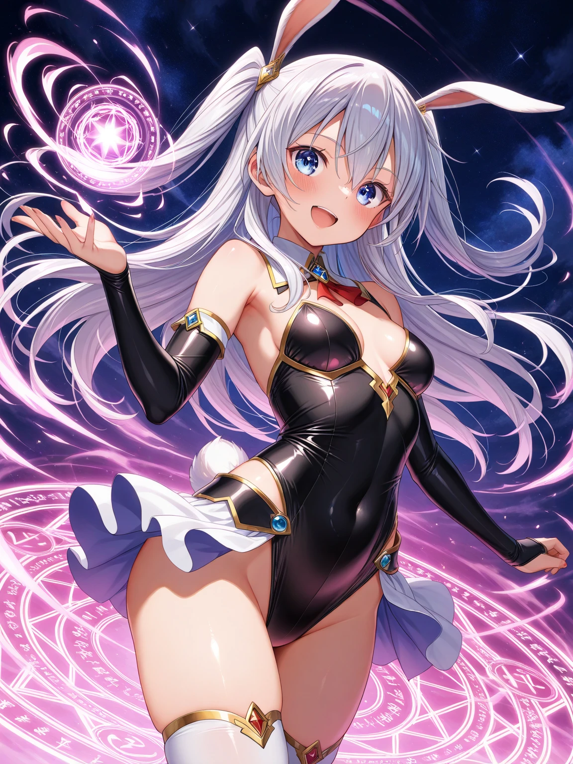1girl,solo,full body,standing,(beautiful fingers:1.2),(perfect anatomy:1.4),(arm_behind_back:1.4),(cold_shoulder:1.2),(blue leather lace glossy silk lamé leotard:1.4),(latex luster shiny glossy metallic:1.4),(shiny_clothes:1.4),(white Clear PVC sheets sleeves:1.4),(sheer sleeves:1.4),(see-through sleeves:1.4),(wide sleeves:1.2),(gloss on lips:1.4),closed mouth,masterpiece,best quality,(Ultra high definition eyes:1.2),8k,(Beautiful detailed eyes:1.2),(Fine and beautiful eyes:1.2),(pretty eyes:1.2),finely detail,extremely CG, absurdres,high resolution,illustration,Detailed and beautiful outlines,finely detail,high resolution,(colorful refraction:1.4,Increase saturation:1.2),beautiful lighting,dynamic lighting,closed room,black background,simple background, smile,looking at viewer,(thigh boots),