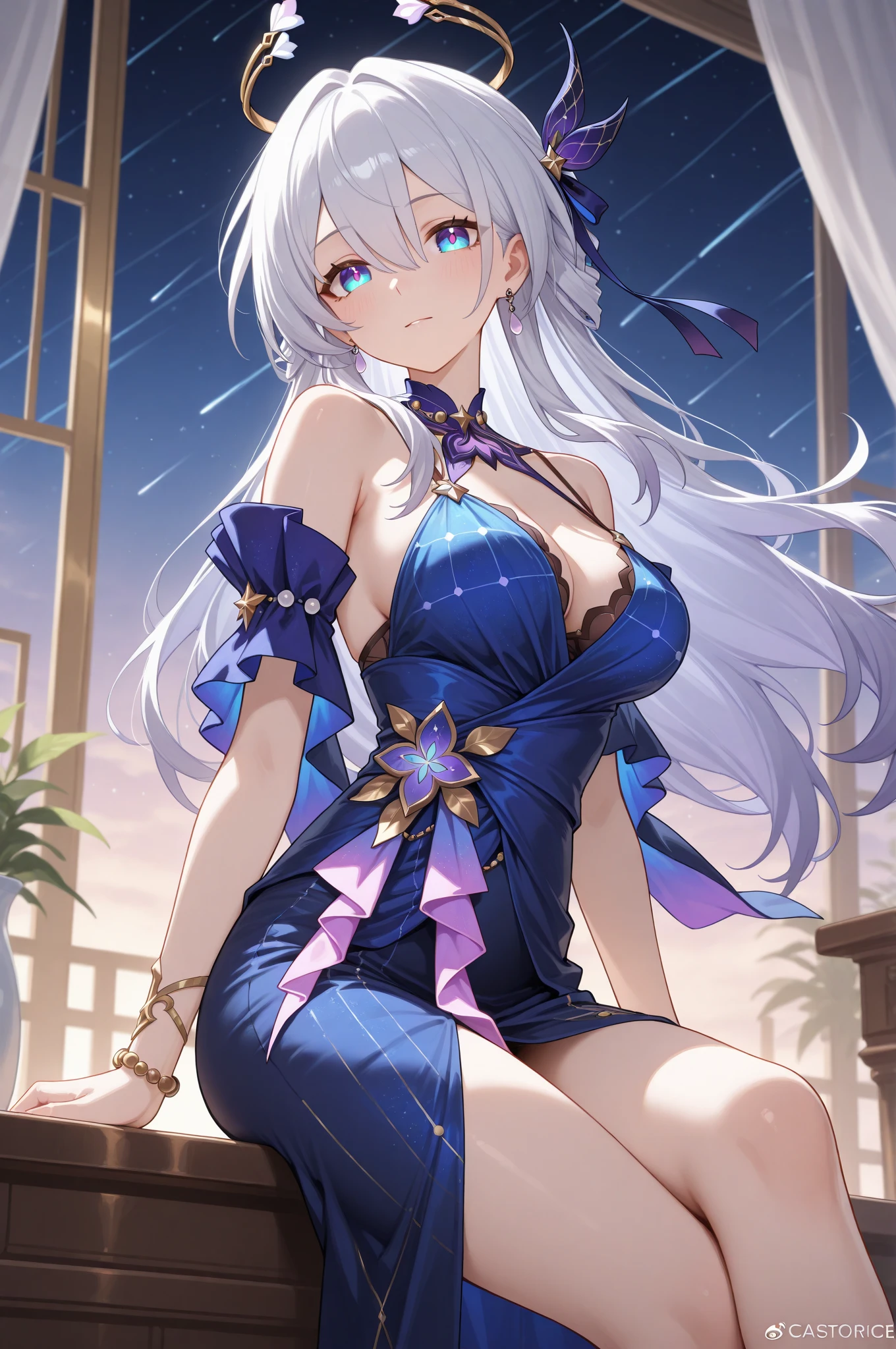 NSFW,masterpiece,Highest quality,High resolution,Very detailed,Girl,Silver Hair,long hair,Golden Eyes,Small breasts,Short height,goddess,A dazzling silk long dress,gem,Decoration,Temple of the Night,altar,Your sleeping quarters,Starry Sky,Ancient,Seduce,Sexy pose,Lying down