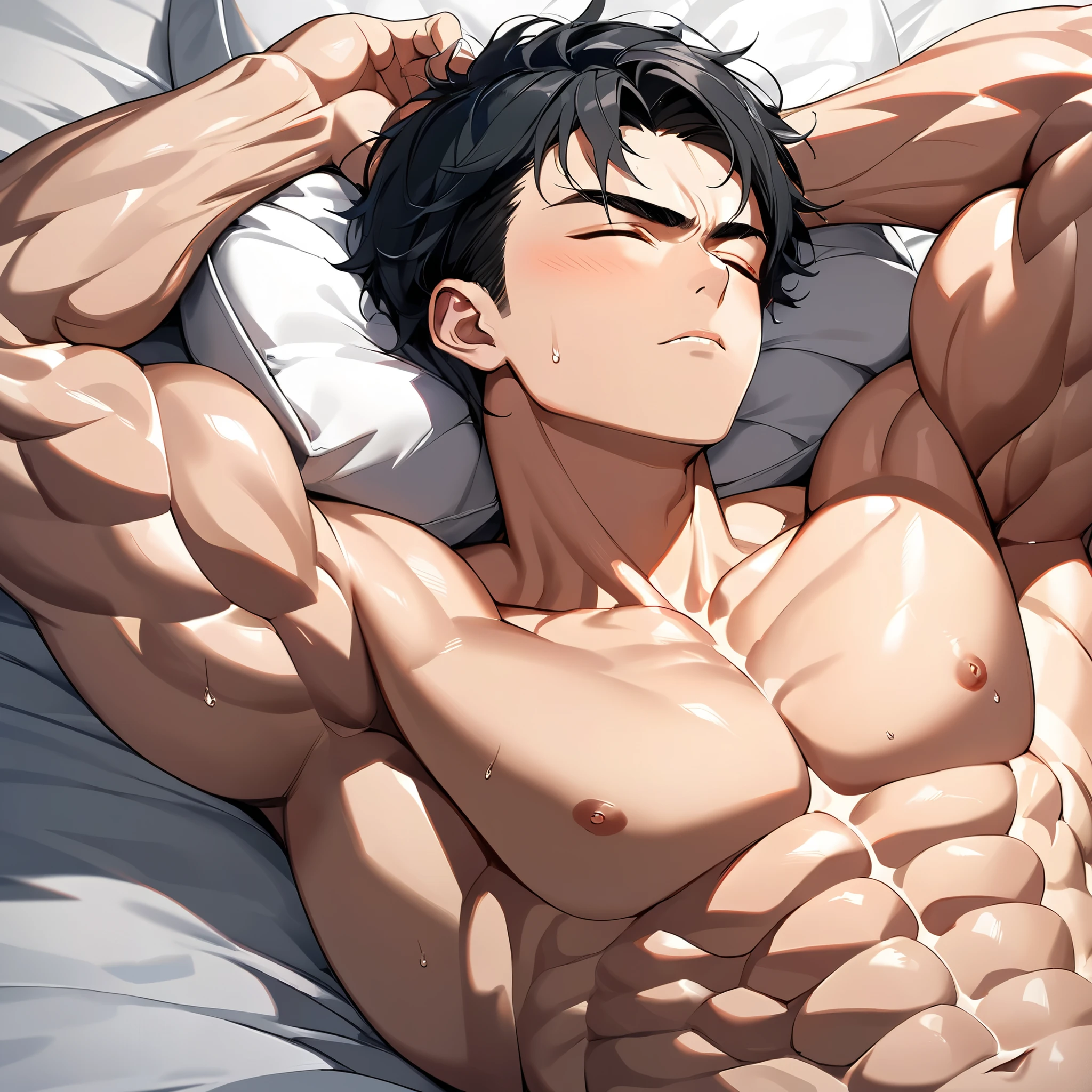 Shirtless anime guy muscular with white hair
6 pack abs
Lying on the bed