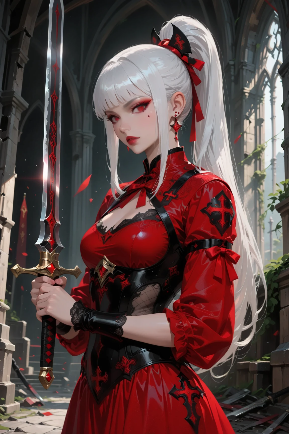 aVATAR SECOND LIFE Korean girl wearing red blouse, White hair, White hair, White hair, Asian, Perfect and detailed face, imvu, maximalist details, AVATAR SECOND LIFE Korean blusa , neon