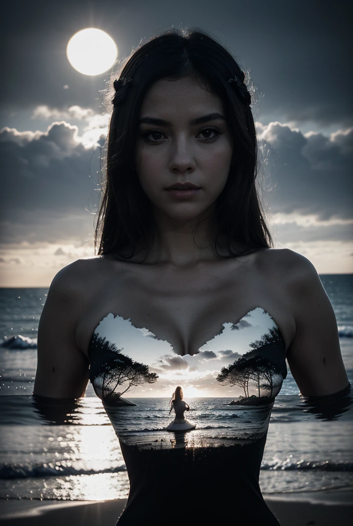 Photorealistic illustration of a Solo African face as  Emma Watson naked :1.2 ((a solo heart-shaped moon on her chest)), closed eyes, darken silhouette, heavenly city and starry night by Vincent Van Gogh, 
Bokeh, gradient black and blue color background, uhd, surreal, fractal, beautiful, high detailed masterpiece 