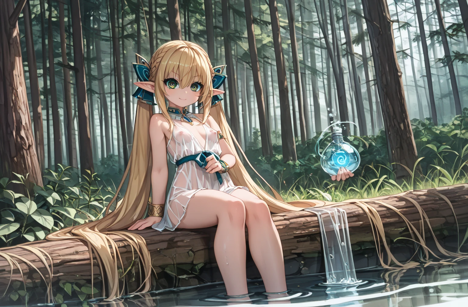 (Masterpiece) (High Detail) (High Res) A short humanoid girl with blue eyes and long blonde hair and blonde mouse ears and a short thin mouse tail and average breasts. She is trapped in a giant terrarium, with her hands pressed against the glass.