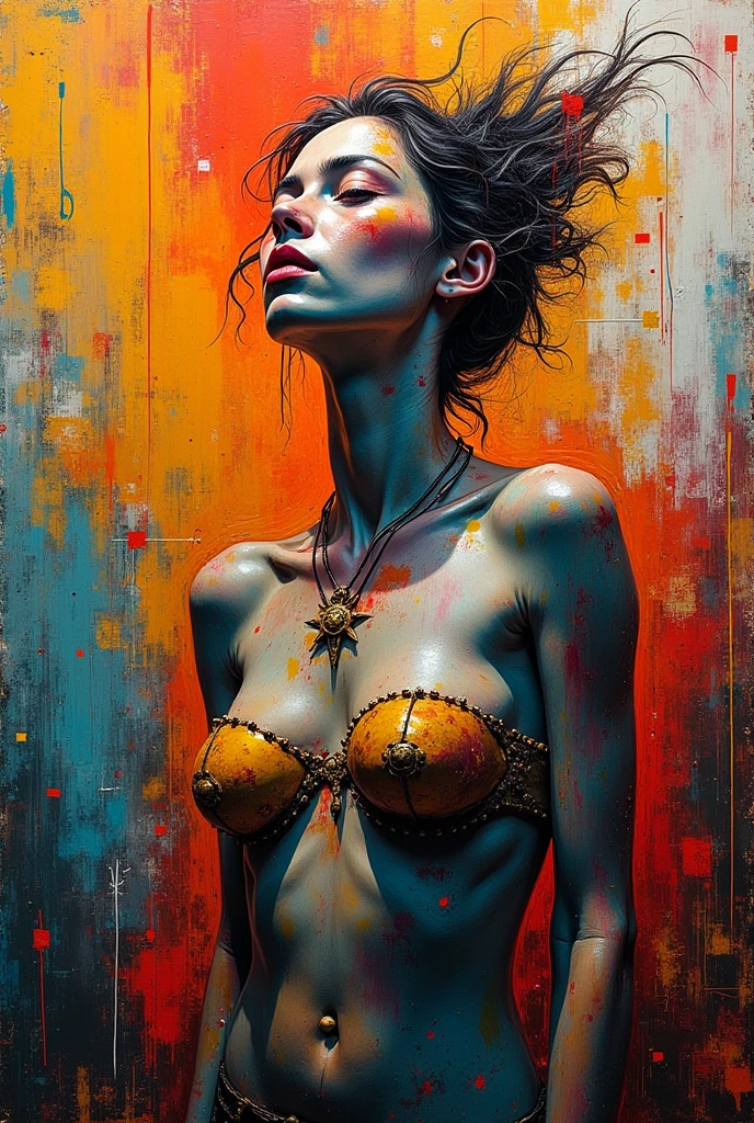 a popart drawing in mainly orange, black and white of a female torso tied with ropes