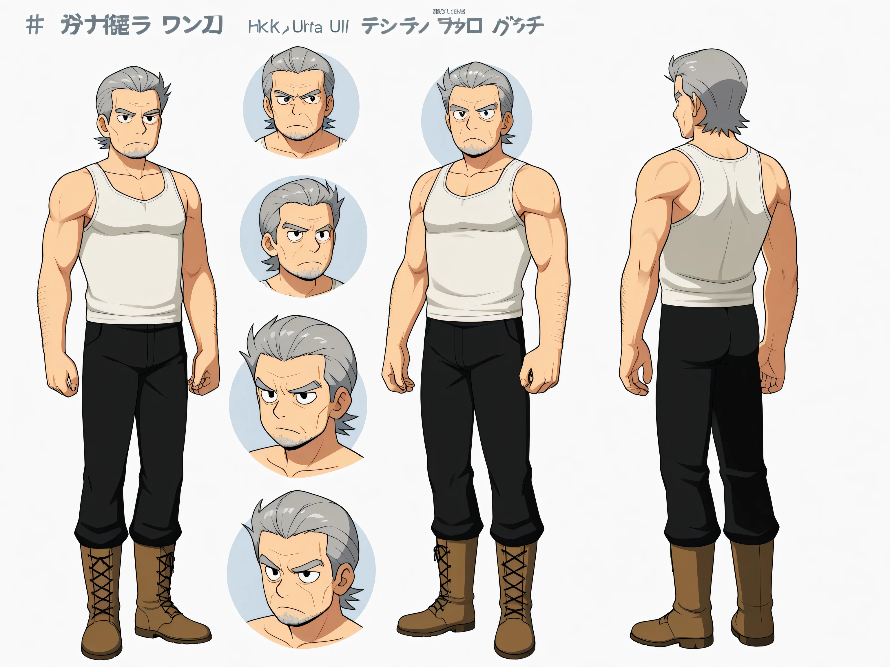 A turnaround character sheet of an elderly rugged man in his early 60s, shaved beard look, slightly muscular build, deep hazel eyes, weathered skin, wearing a white tank top, black pants, boots, short grey hair, serious expression, standing in mist, high detail, full body, good day lighting, 2d cartoon style, 8K ultra HD, high quality, bold black outlines, white background, front view, side view, back view