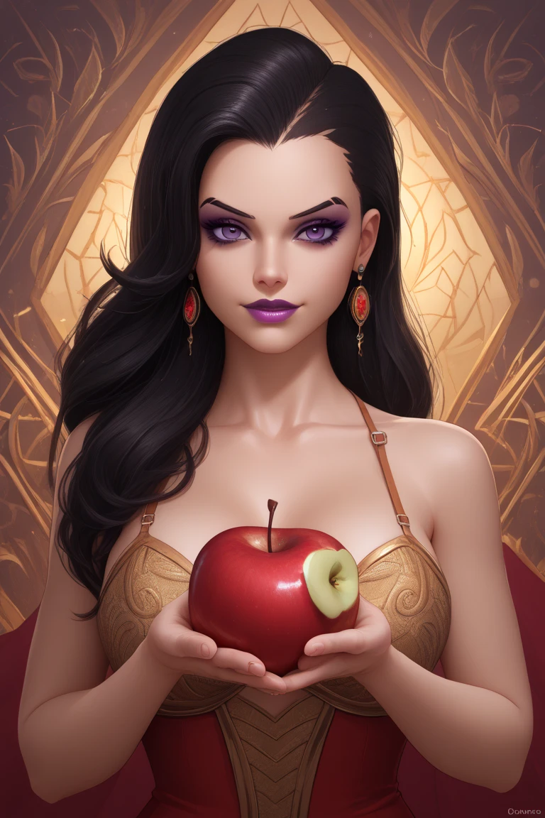 Barbie style cartoon, Eva Del Eden,SEX,intimidating look with brown eyes and white hair reaching to the shoulders, Photo pose with an apple and a pear representing the fruit of good and evil with seductive eyes about to bite the forbidden fruit 