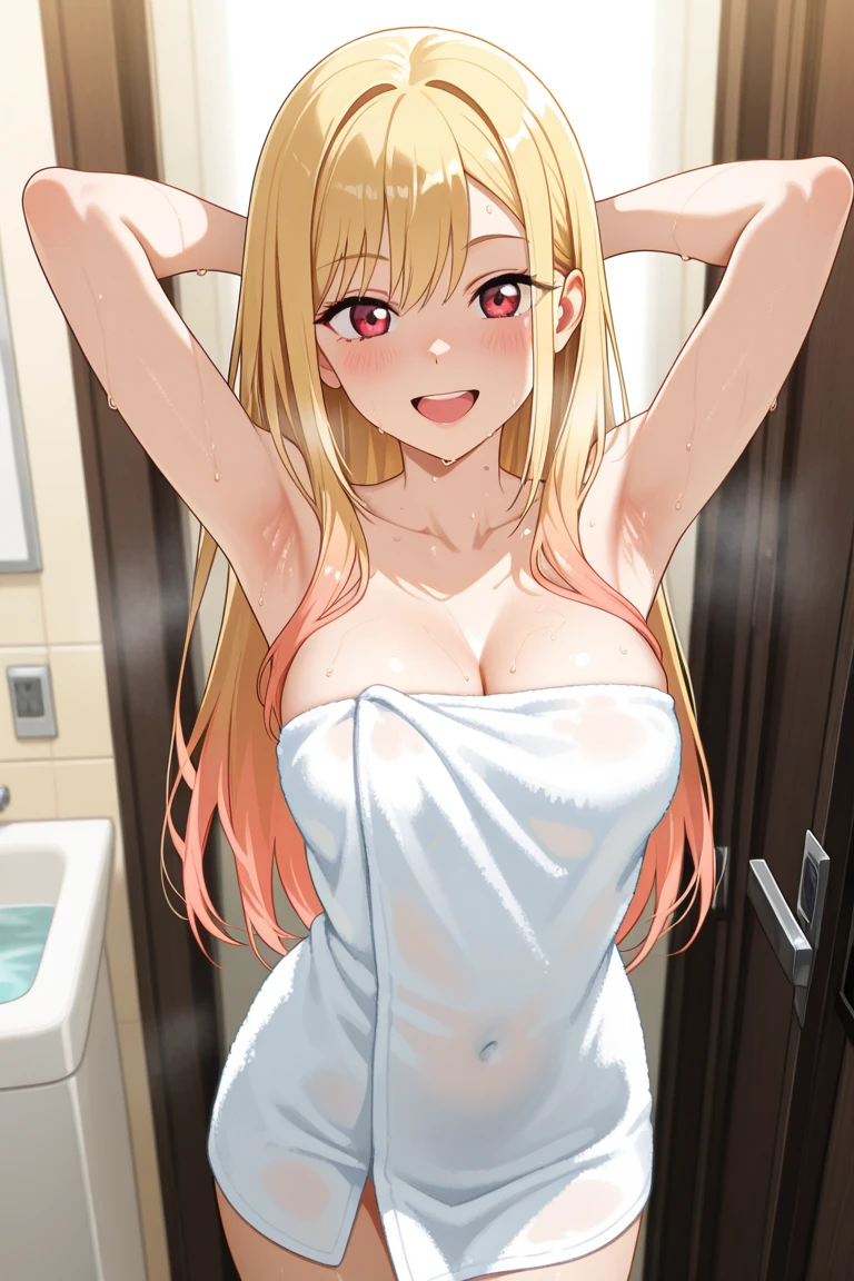 masutepiece, Detailed, Best Quality, Beautiful Girl, Shackles, stock, Troubled face, big pool (prison), blonde sexy girl 1girl in, marin kitagawa character, blonde female, Blunt bangs, Big breasts, Amused expression, Looking at Viewer, big butt, mature body, very big , dark pink eyes, erotic pose, big butt, full body picture, hard nipples, fully naked, topless, cute pose, perfect detailed tits, detailed vagina, detailed anus, detailed nipples, blonde dye pink hair, cute pose, full body picture, super ultra small bikini thong