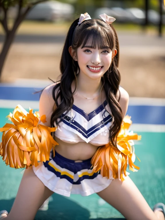 ((masterpiece, highest quality:1.2)), (High resolution,Fine details),(4K images)((The whole body is visible)),((Shooting from the front)),Natural images,No discomfort,one person,Japanese,Beauty,Student Model,slim, Breast augmentation,F Cup,cute,The eyes are large, double eyelids, and droopy.,(Her posture is squatting),Cheerleader,She has her mouth open,tongue,Nipples,belly button,Earrings,Her clothes are see-through,Chest,Nipples,White Turtleneck,(She is wearing loose white socks),She is wearing high-top white sneakers.