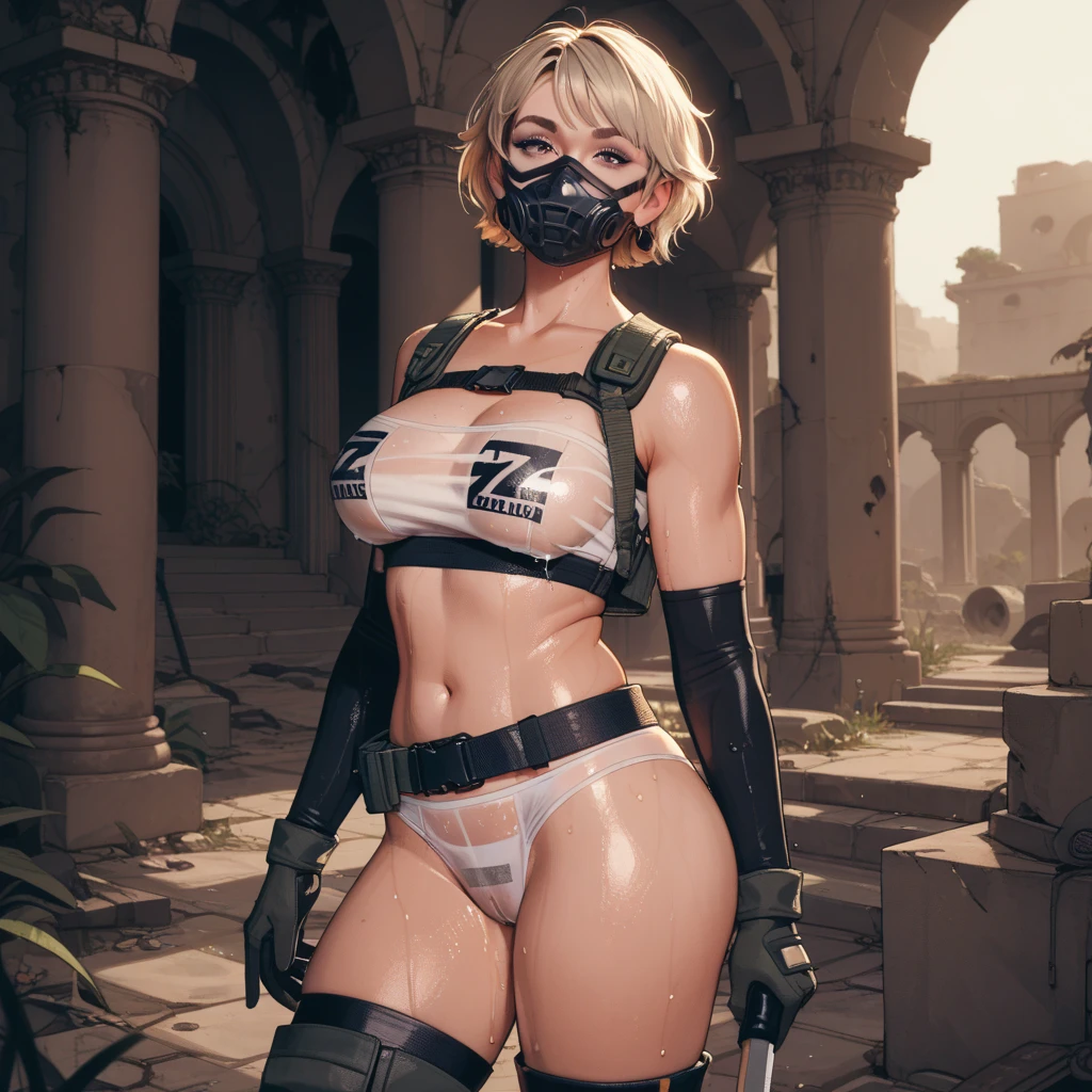 gwen tennyson,yorha 2b,lara croft,jill valentine,overwatch,tomb raider,close up, amazonian jungle ruins,tattoos,white and orange plugsuit,white short sleeve military leotard,sleeveless military hoodie,steel micro shorts,military harness,short punk hair,punk makeup,green eyes,multicolored silver hair, military gloves,sexy smile,freckles,beautiful girl,tall military boots,large breasts,8k,ultra detailed,realistic,fantasy art,fighting pose, military uniform,hair pin,ear piercings,(weather:windy),1girl,military gear,
