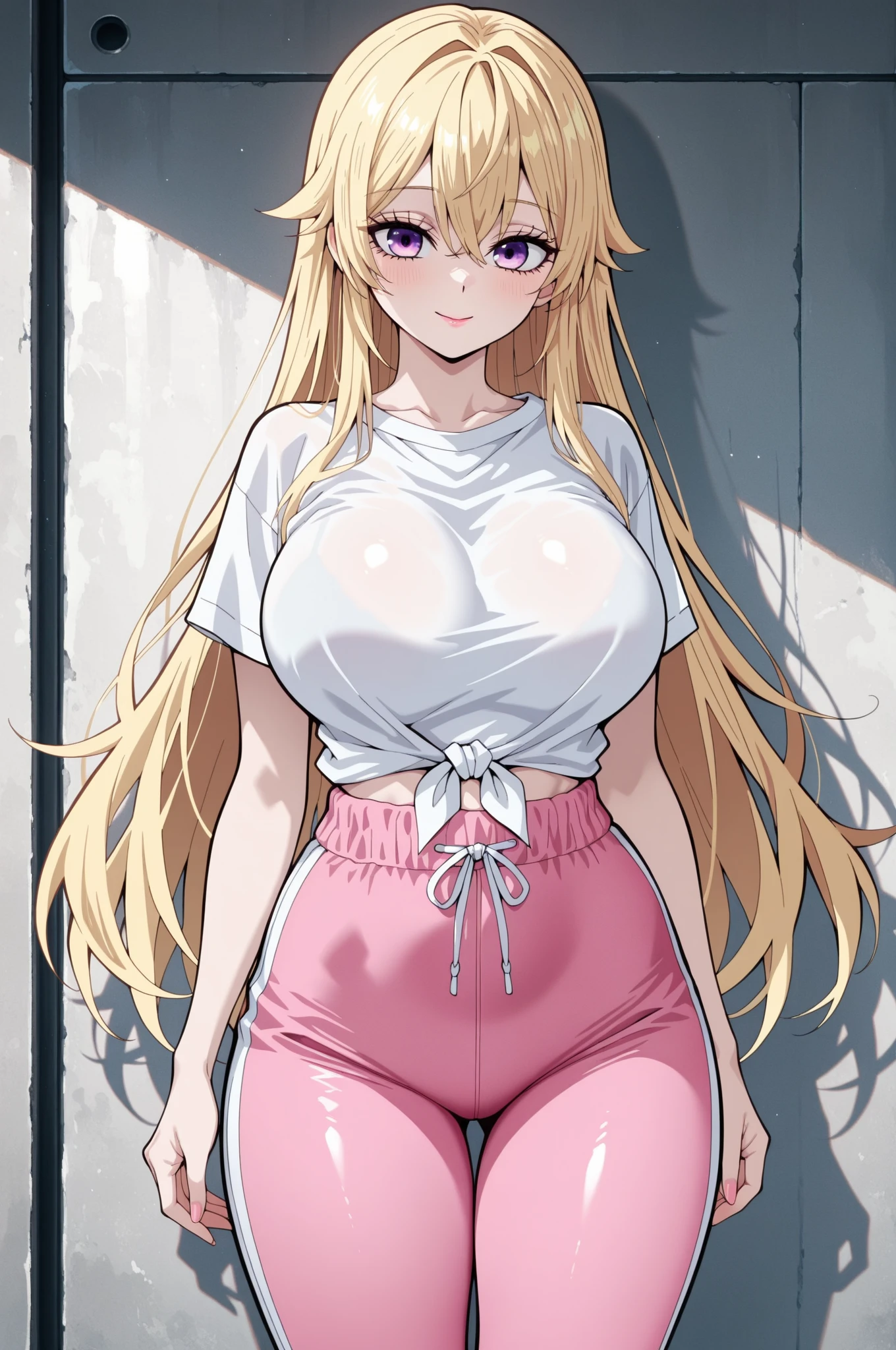 name zoe. 20 year old teenager, beautiful angelic face. Red eyes. White skin color. height 1,70, retail physicist, large and firm breasts, long and blond hair. Clothes, T-shirt at the height of the abdomen. tight red pants. body detail, straight and firm posture looking towards the camera standing.